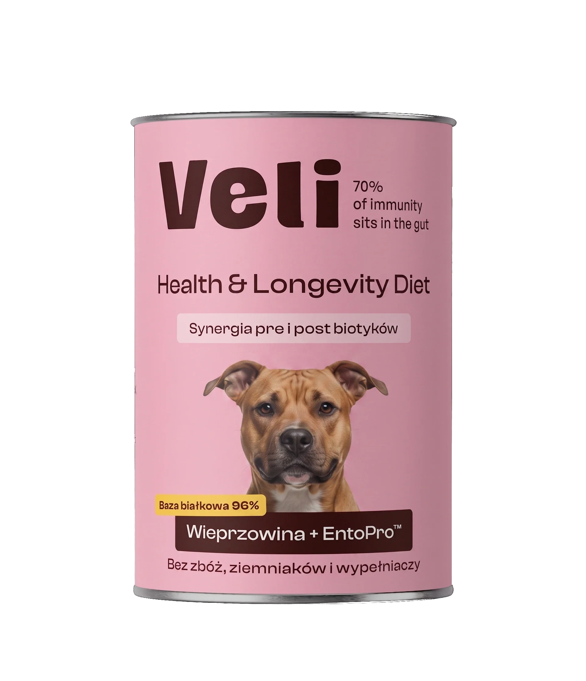 Wizualizacja puszki Veli Pork + EntoPro™ Recipe z amstaffa na etykiecie