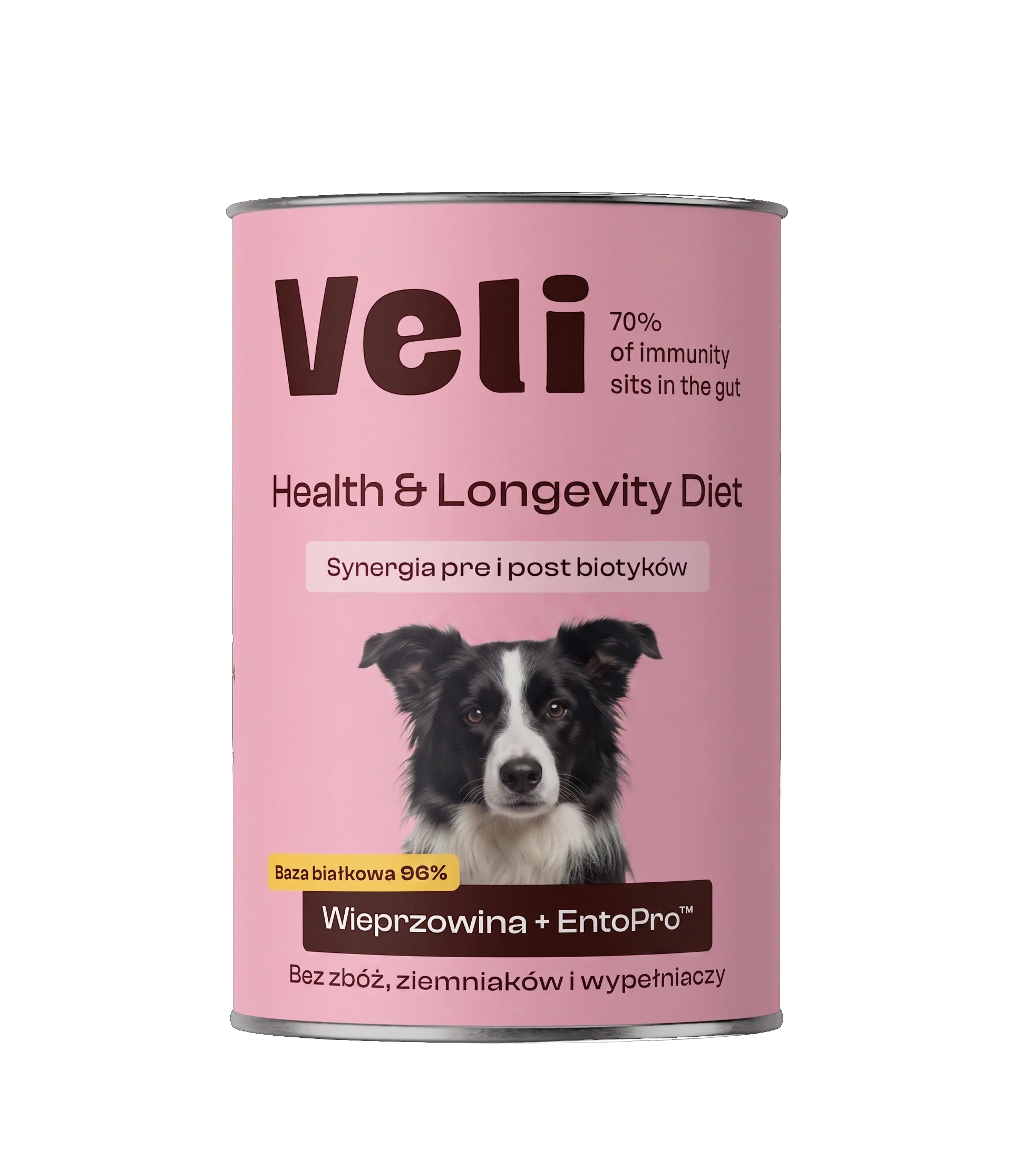 Wizualizacja puszki Veli Pork + EntoPro™ Recipe z border collie na etykiecie