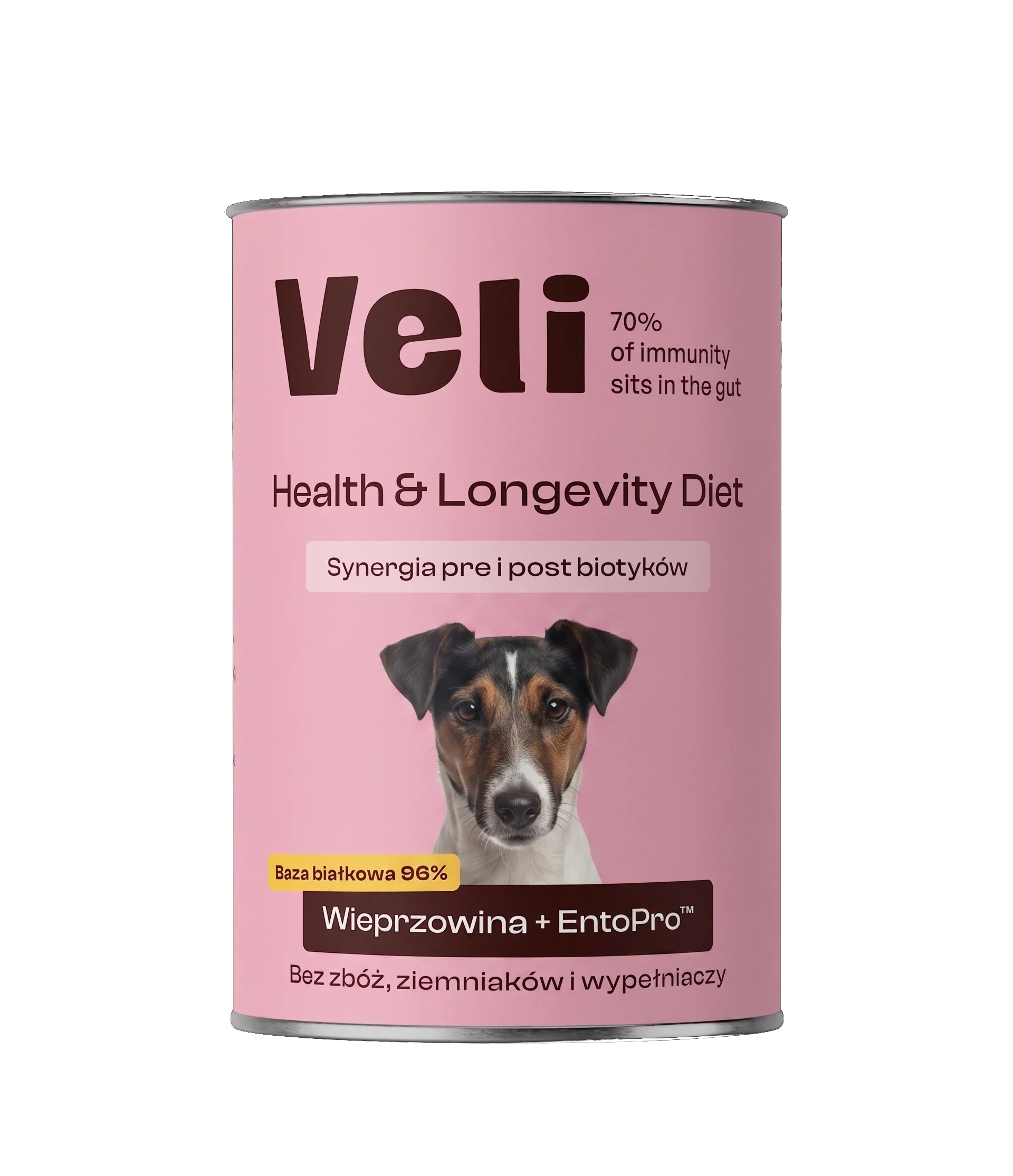 Wizualizacja puszki Veli Pork + EntoPro™ Recipe z fox teriera na etykiecie