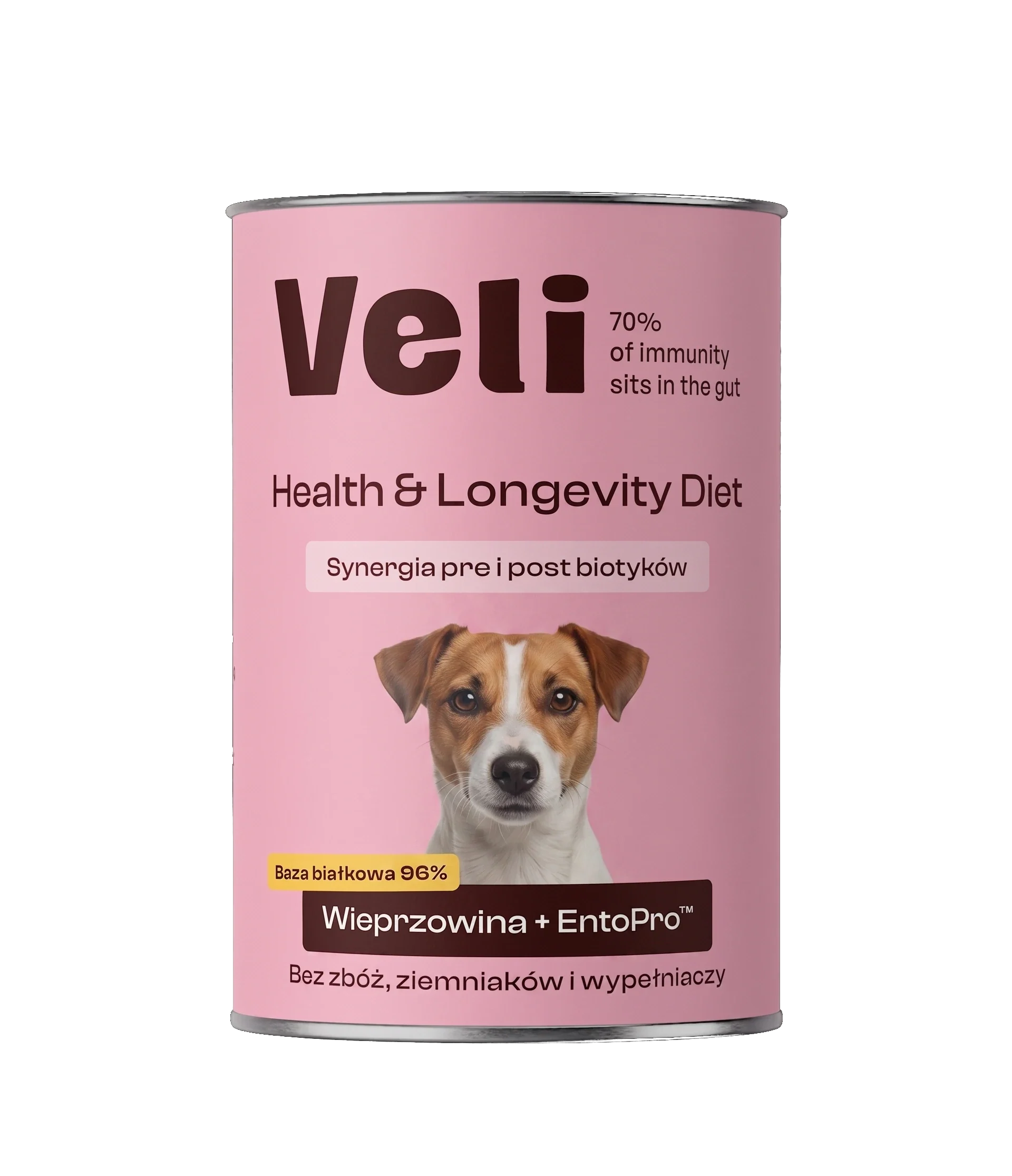 Wizualizacja puszki Veli Pork + EntoPro™ Recipe z jack russell teriera na etykiecie