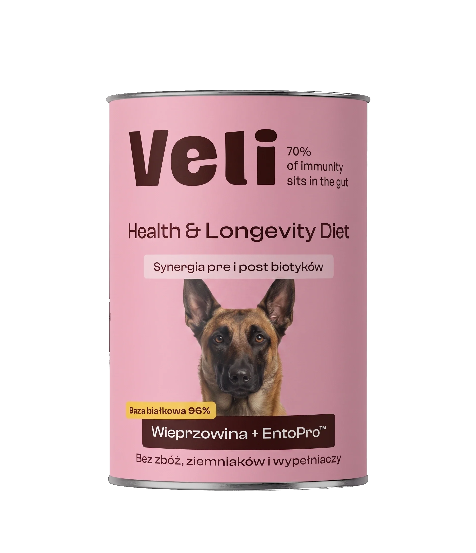Wizualizacja puszki Veli Pork + EntoPro™ Recipe z malinois na etykiecie
