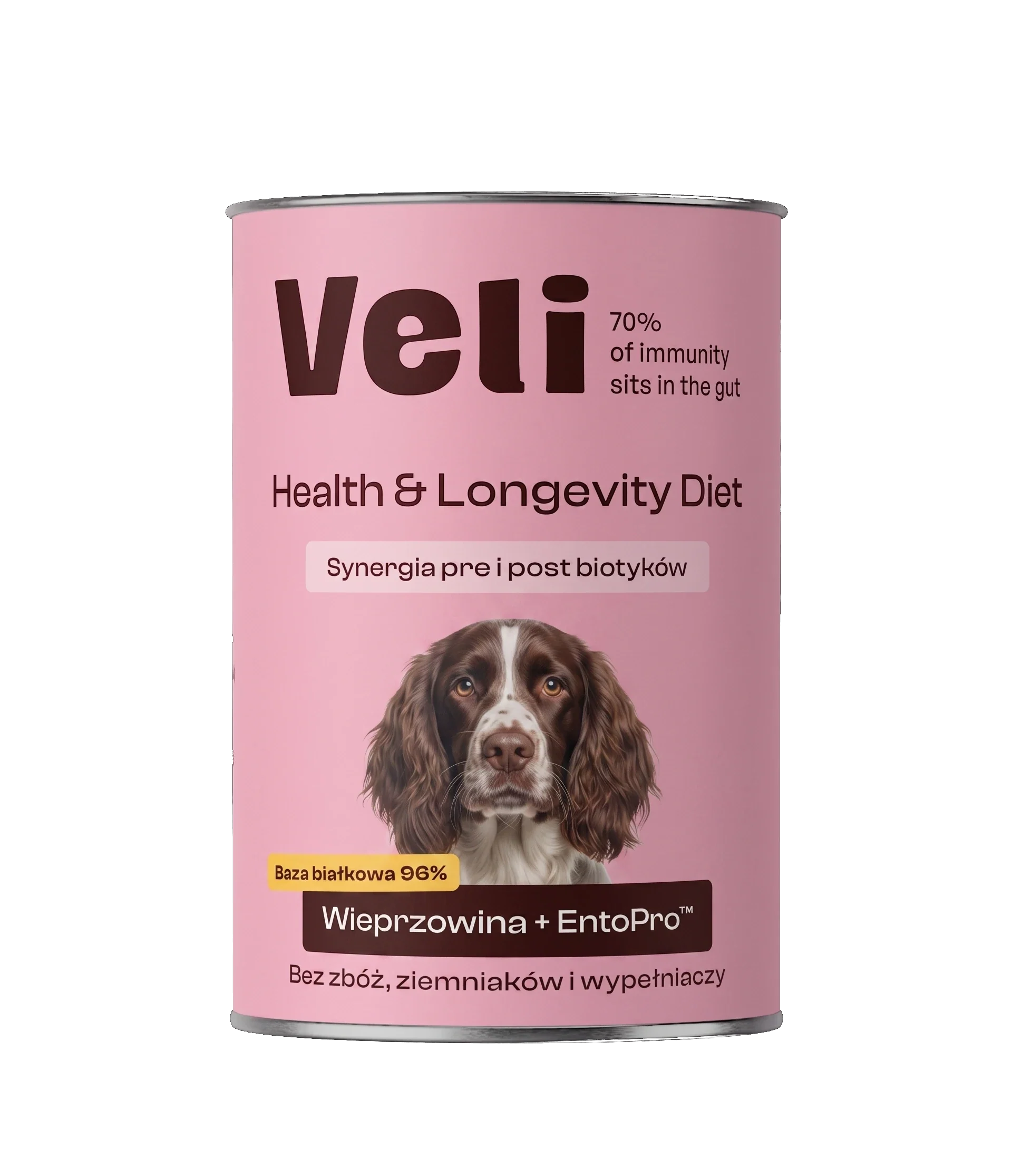 Wizualizacja puszki Veli Pork + EntoPro™ Recipe z springer spaniela na etykiecie