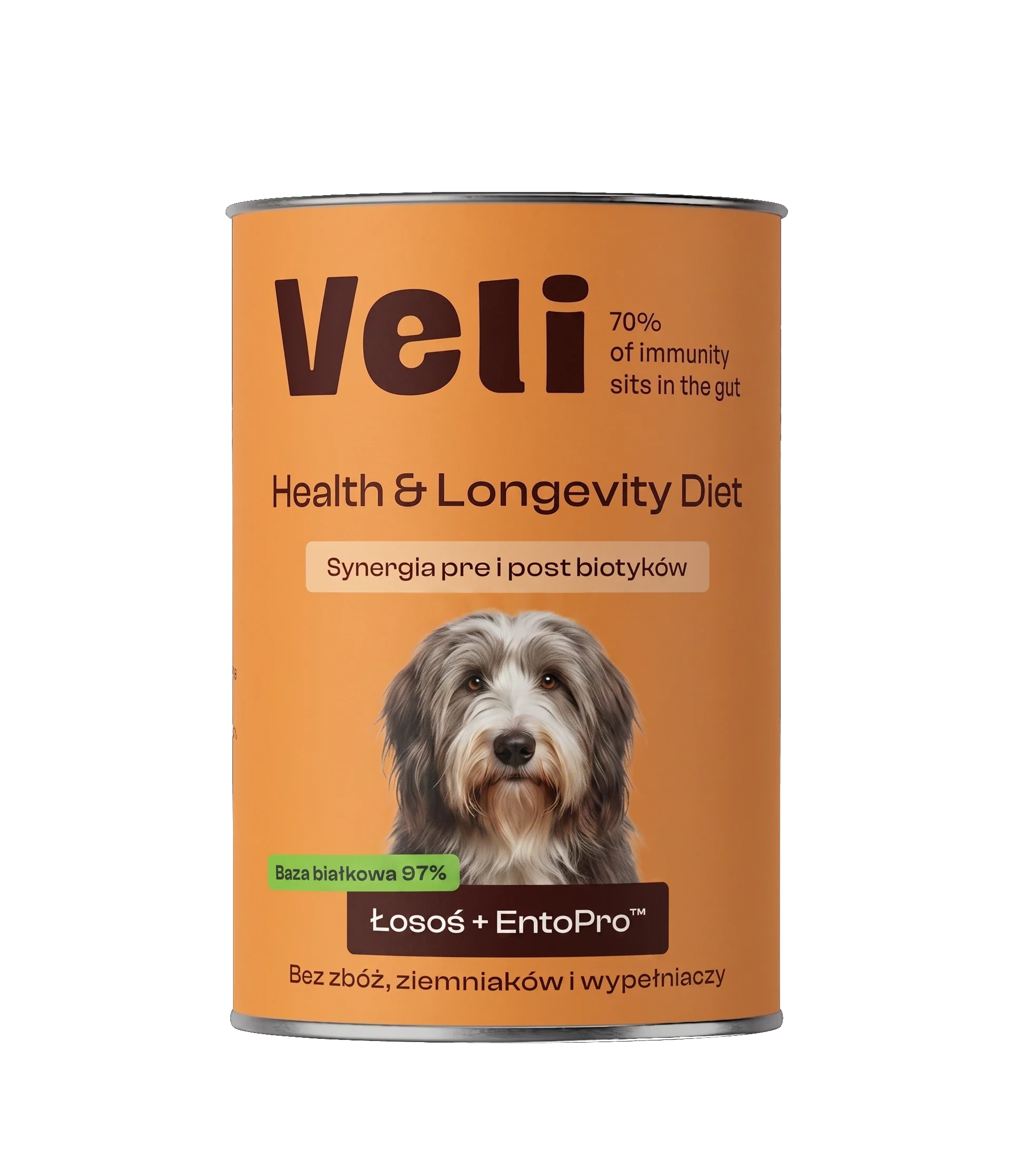 Wizualizacja puszki Veli Salmon + EntoPro™ Recipe z bearded collie na etykiecie