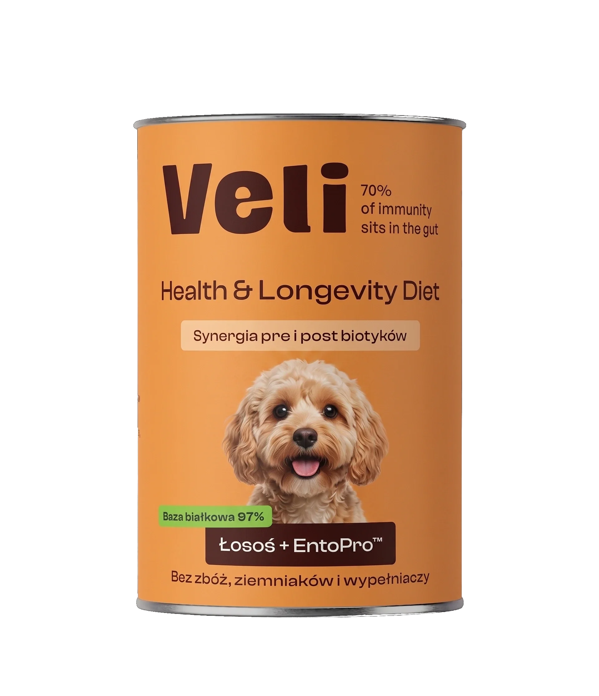 Wizualizacja puszki Veli Salmon + EntoPro™ Recipe z cavapoo na etykiecie