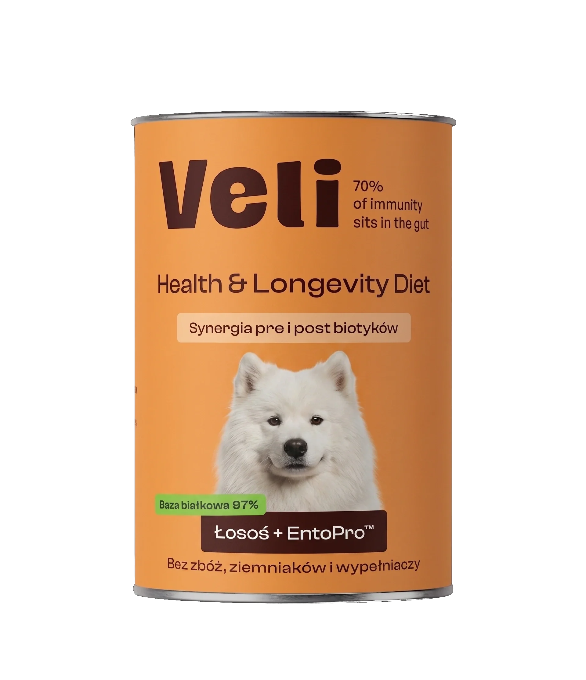 Wizualizacja puszki Veli Salmon + EntoPro™ Recipe z samoyeda na etykiecie