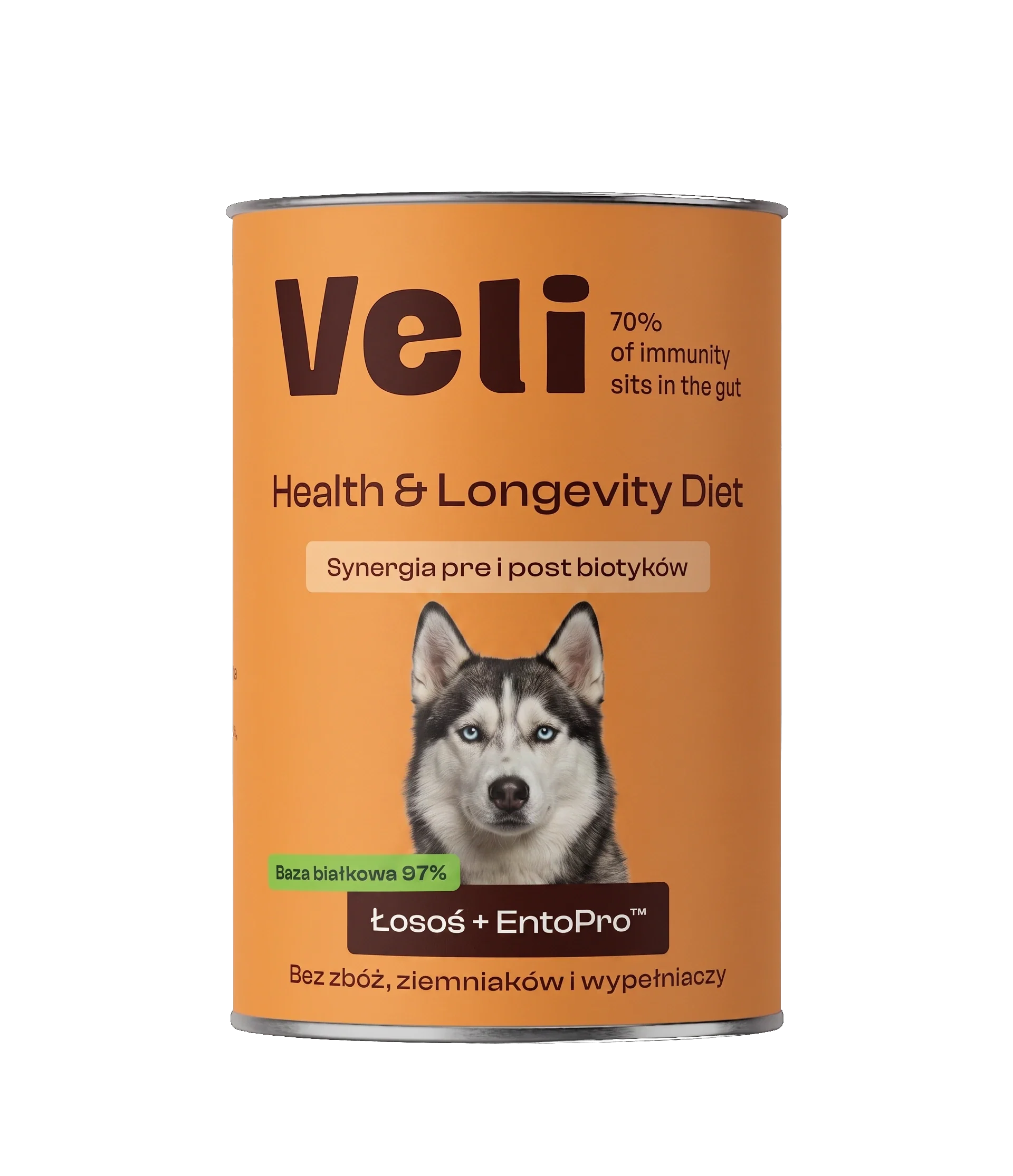 Wizualizacja puszki Veli Salmon + EntoPro™ Recipe z husky na etykiecie