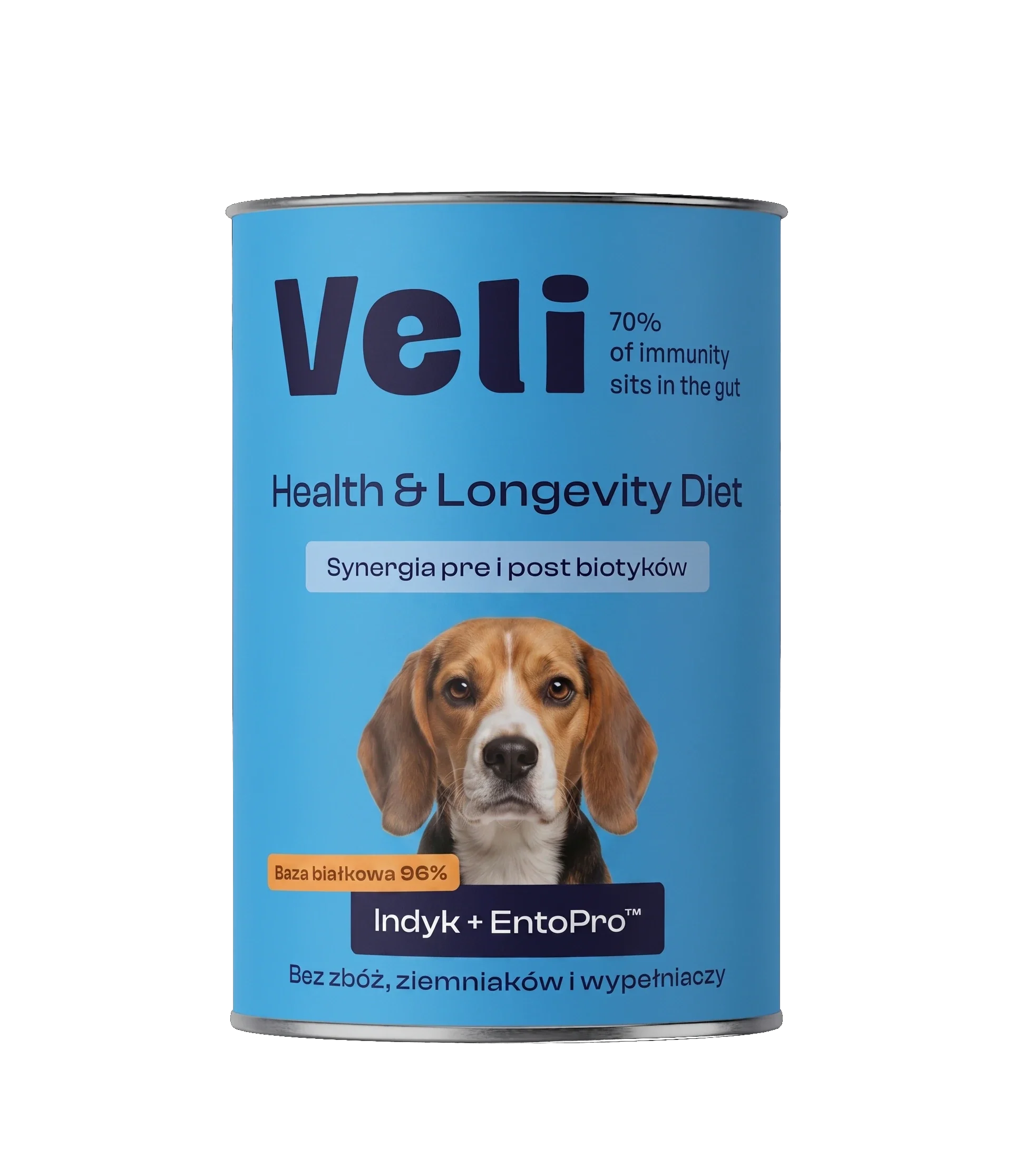 Wizualizacja puszki Veli Turkey + EntoPro™ Recipe z beagle'a na etykiecie
