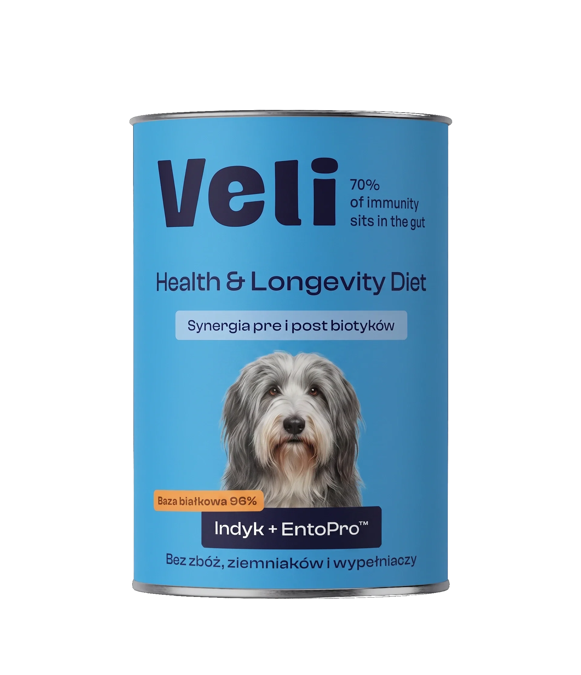 Wizualizacja puszki Veli Turkey + EntoPro™ Recipe z bearded collie na etykiecie