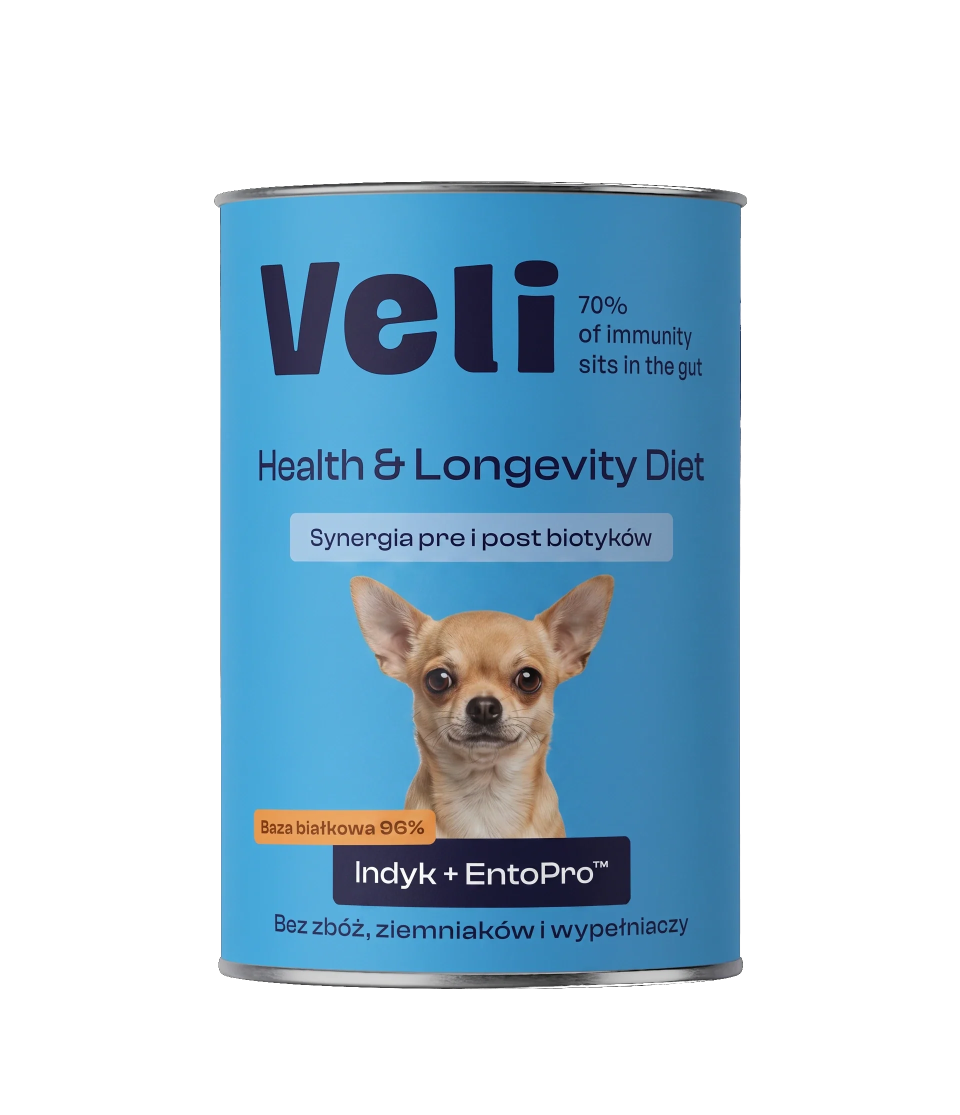 Wizualizacja puszki Veli Turkey + EntoPro™ Recipe z chihuahua na etykiecie
