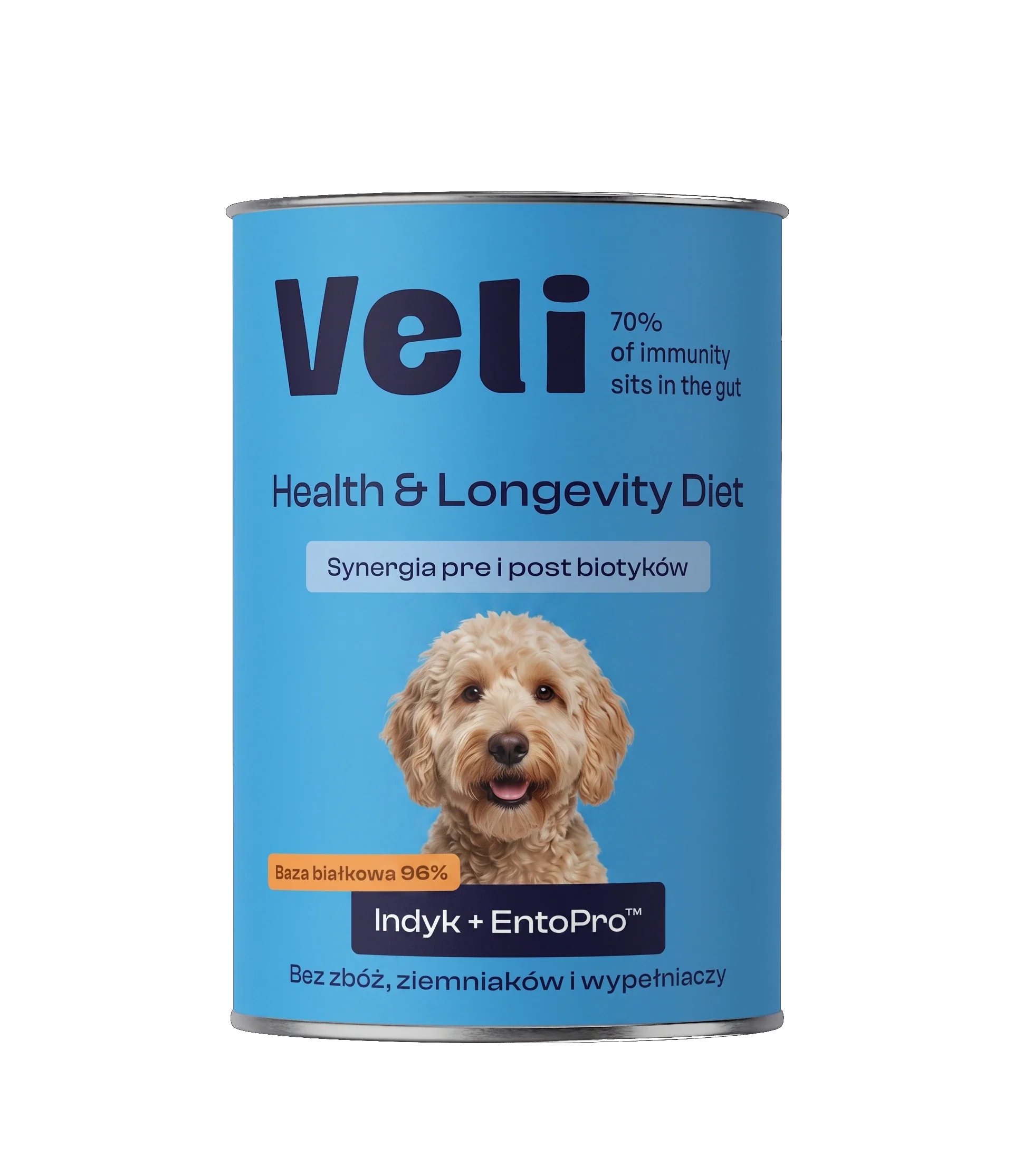 Wizualizacja puszki Veli Turkey + EntoPro™ Recipe z labradoodle na etykiecie