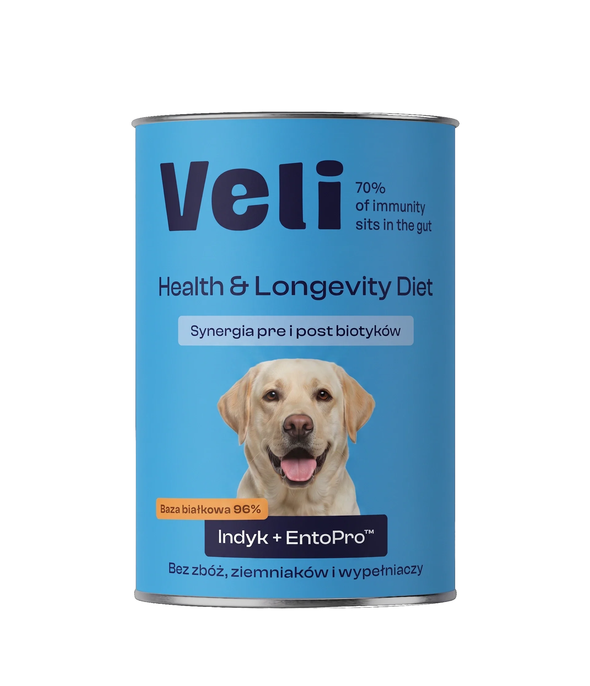 Wizualizacja puszki Veli Turkey + EntoPro™ Recipe z labradora na etykiecie