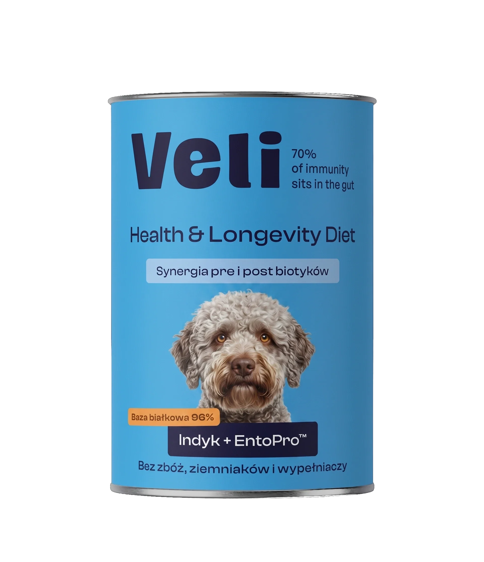 Wizualizacja puszki Veli Turkey + EntoPro™ Recipe z lagotto romagnolo na etykiecie