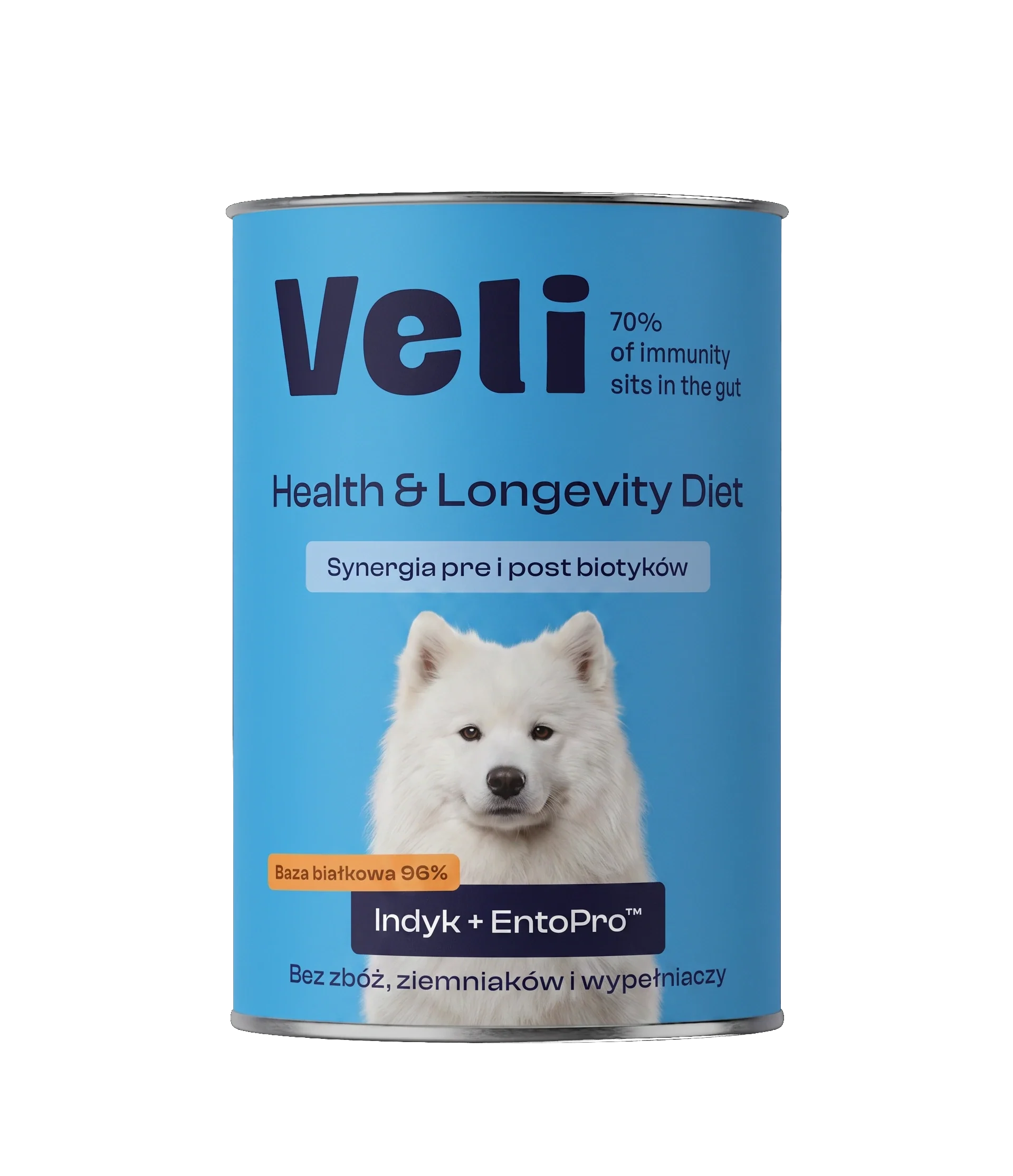 Wizualizacja puszki Veli Turkey + EntoPro™ Recipe z samoyeda na etykiecie