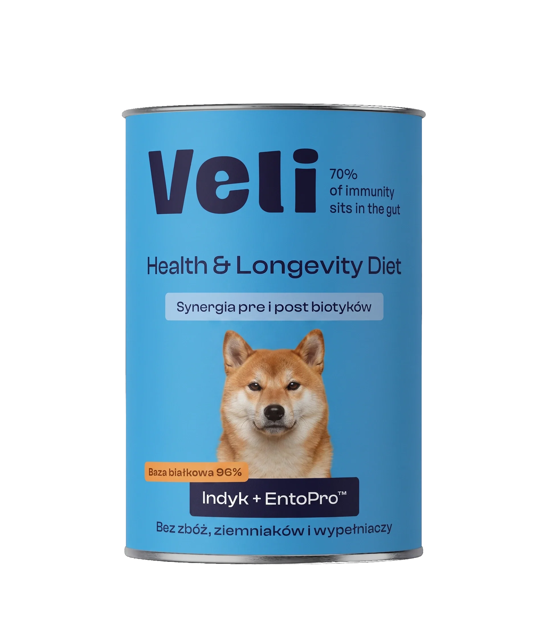 Wizualizacja puszki Veli Turkey + EntoPro™ Recipe z shiba inu na etykiecie