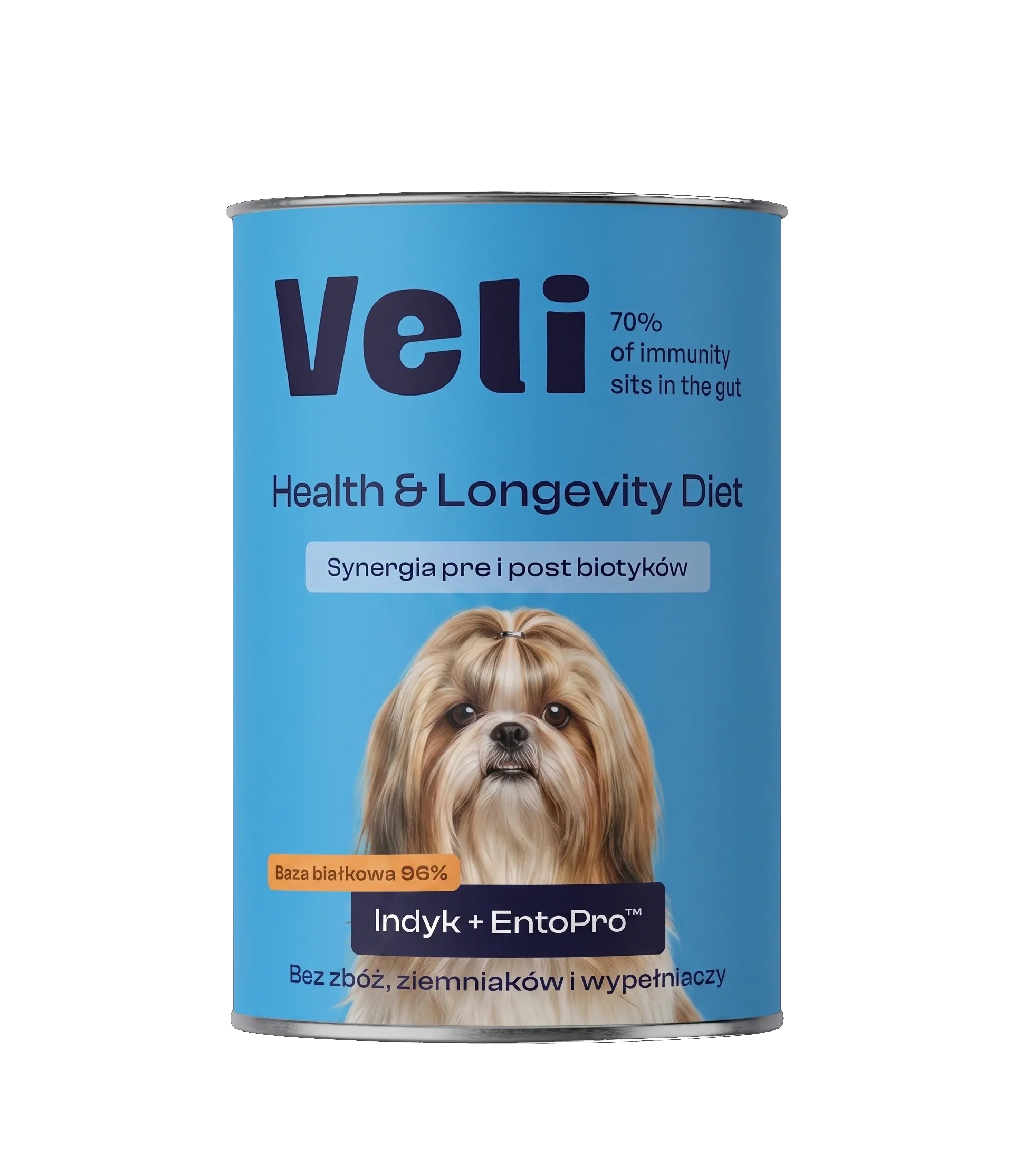 Wizualizacja puszki Veli Turkey + EntoPro™ Recipe z shih tzu na etykiecie