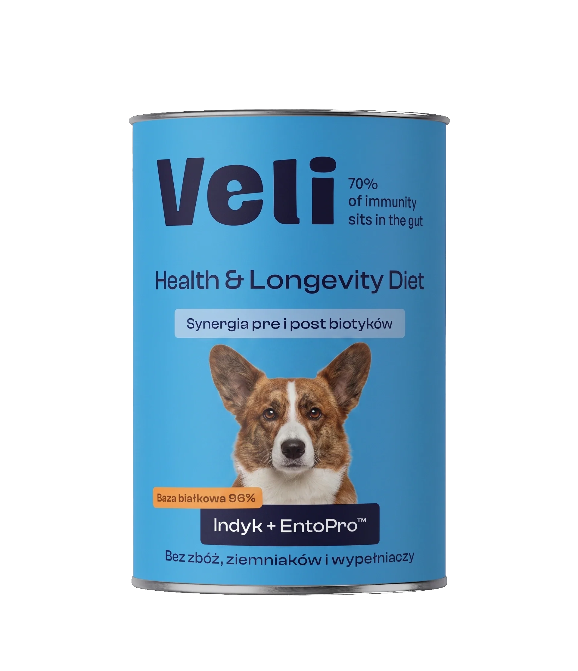 Wizualizacja puszki Veli Turkey + EntoPro™ Recipe z welsh corgi cardigan na etykiecie