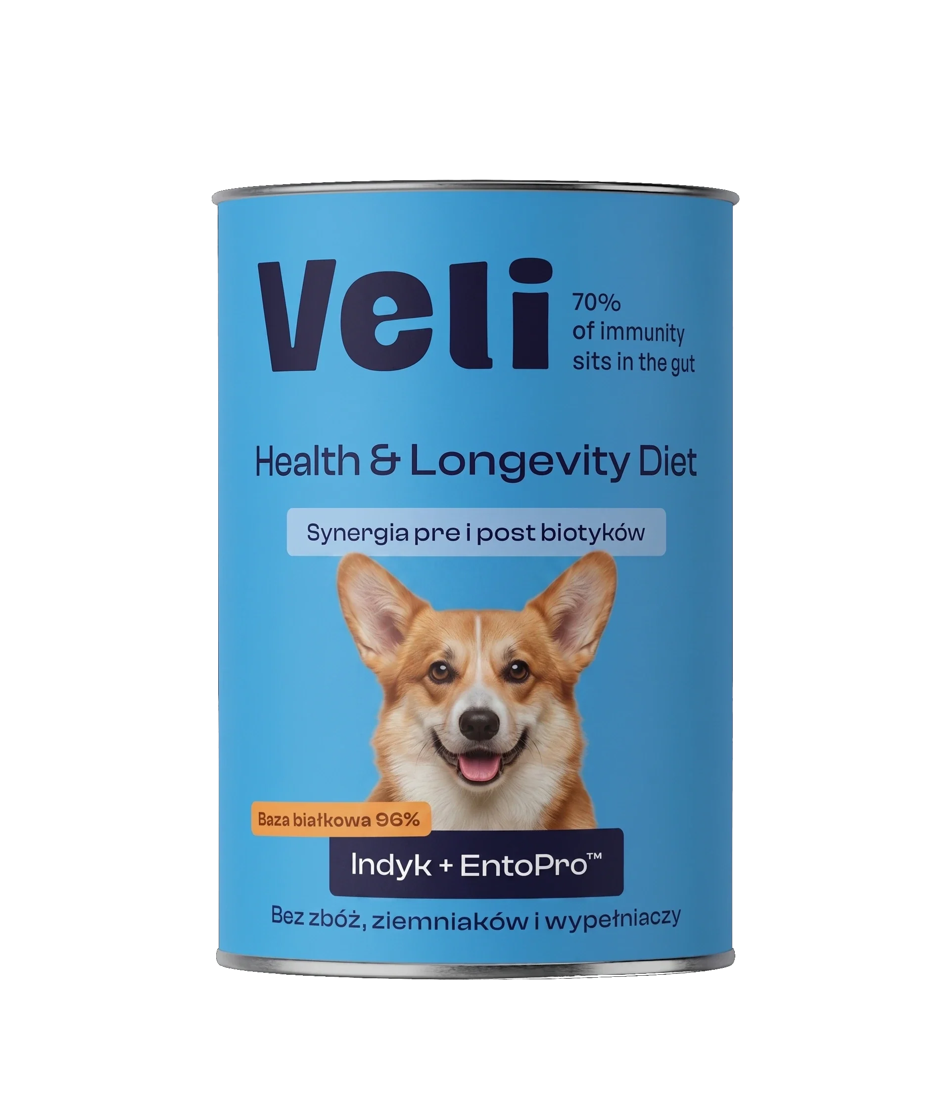 Wizualizacja puszki Veli Turkey + EntoPro™ Recipe z welsh corgi pembroke na etykiecie