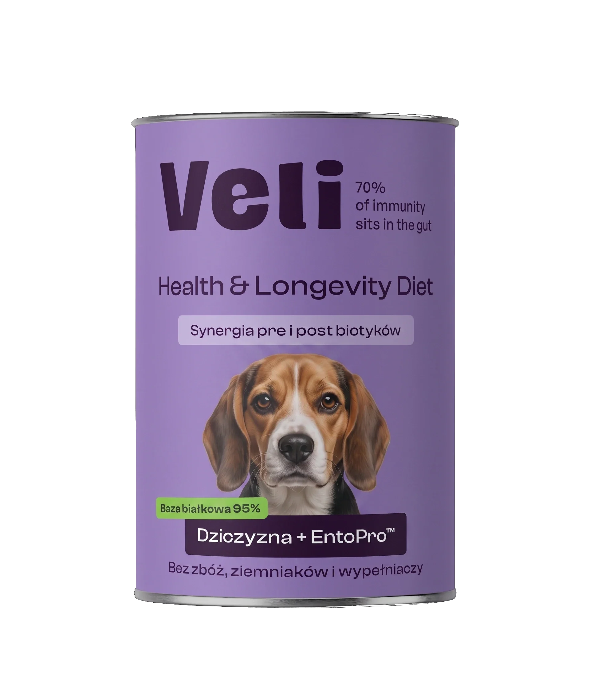 Wizualizacja puszki Veli Venison + EntoPro™ Recipe z beagle'a na etykiecie