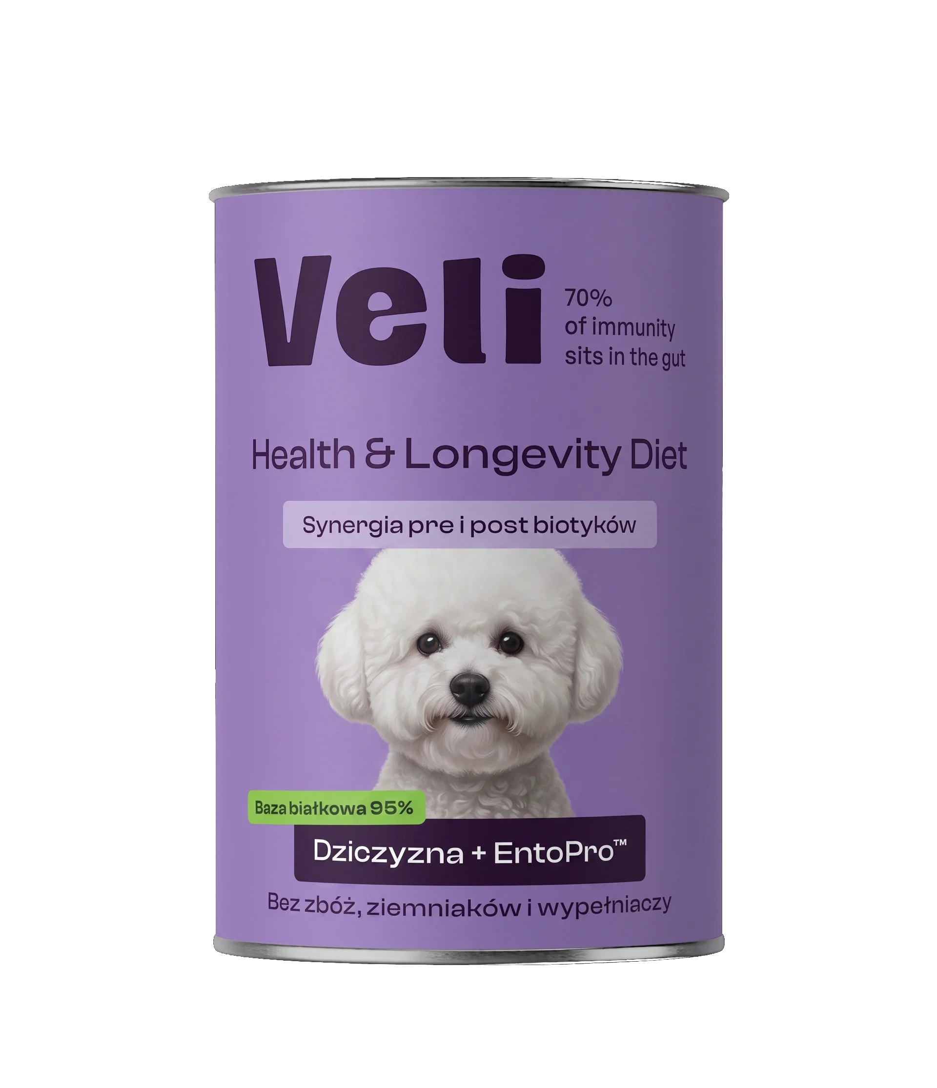 Wizualizacja puszki Veli Venison + EntoPro™ Recipe z bichon frisé na etykiecie