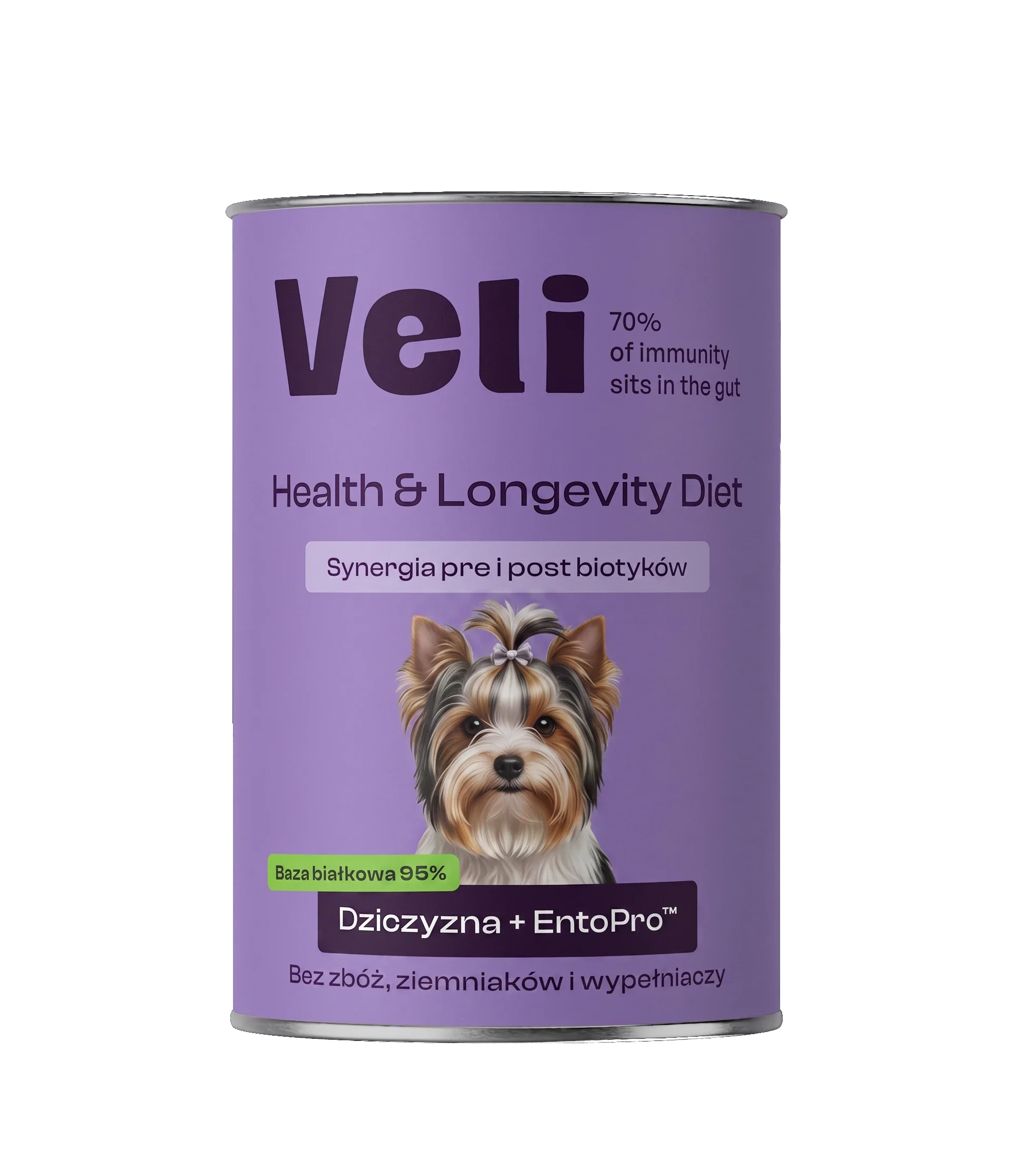 Wizualizacja puszki Veli Venison + EntoPro™ Recipe z biewer teriera na etykiecie