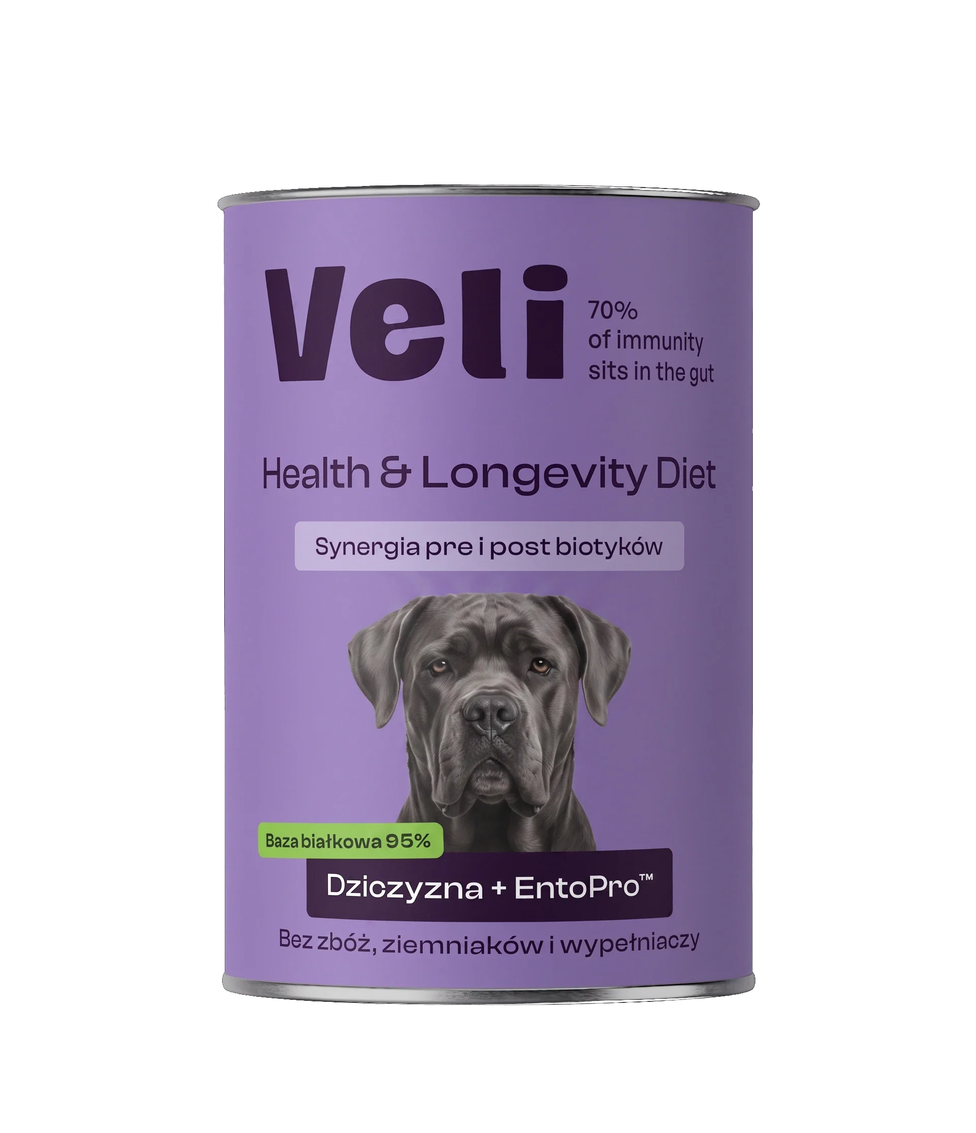Wizualizacja puszki Veli Venison + EntoPro™ Recipe z cane corso na etykiecie