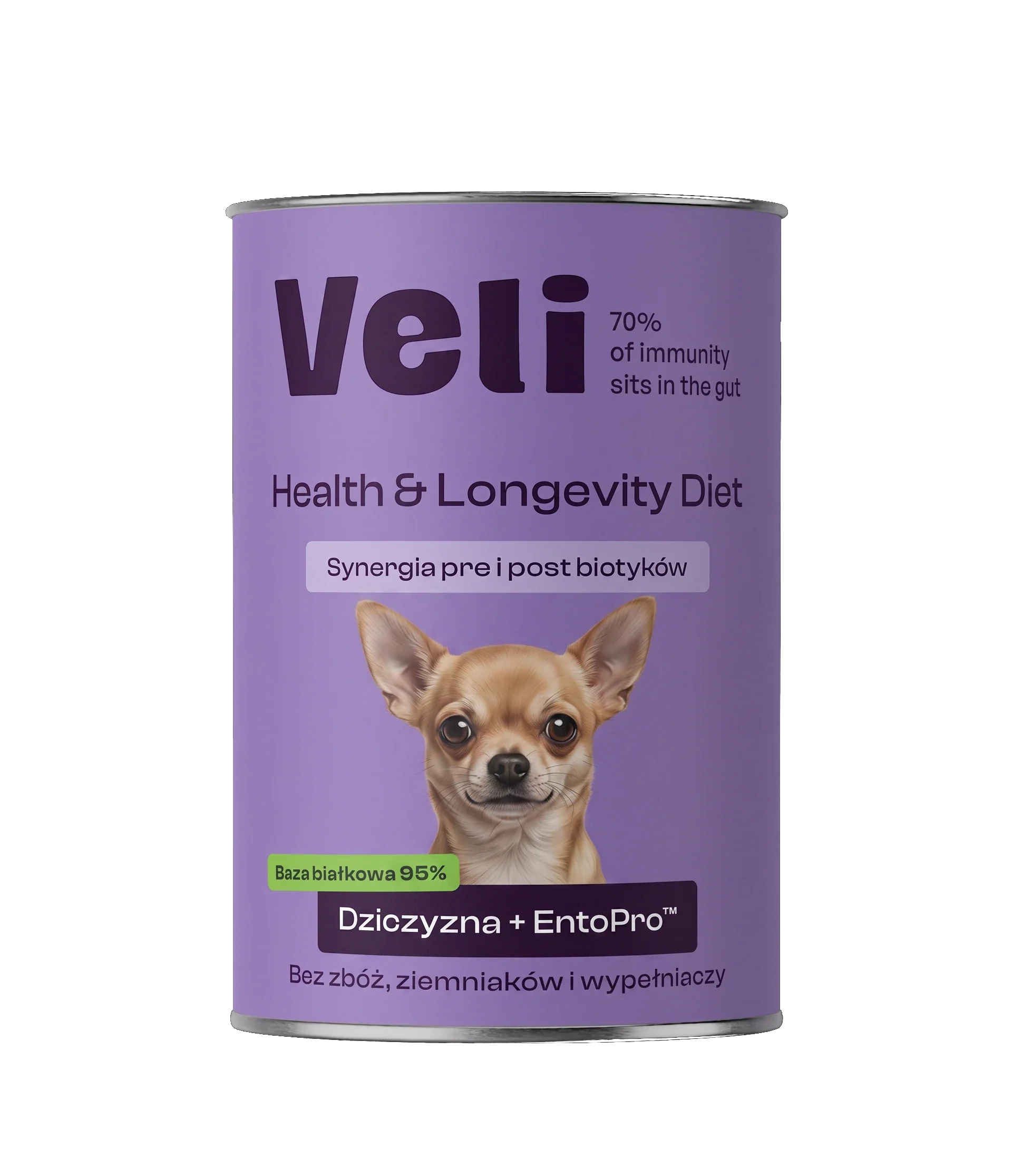 Wizualizacja puszki Veli Venison + EntoPro™ Recipe z chihuahua na etykiecie