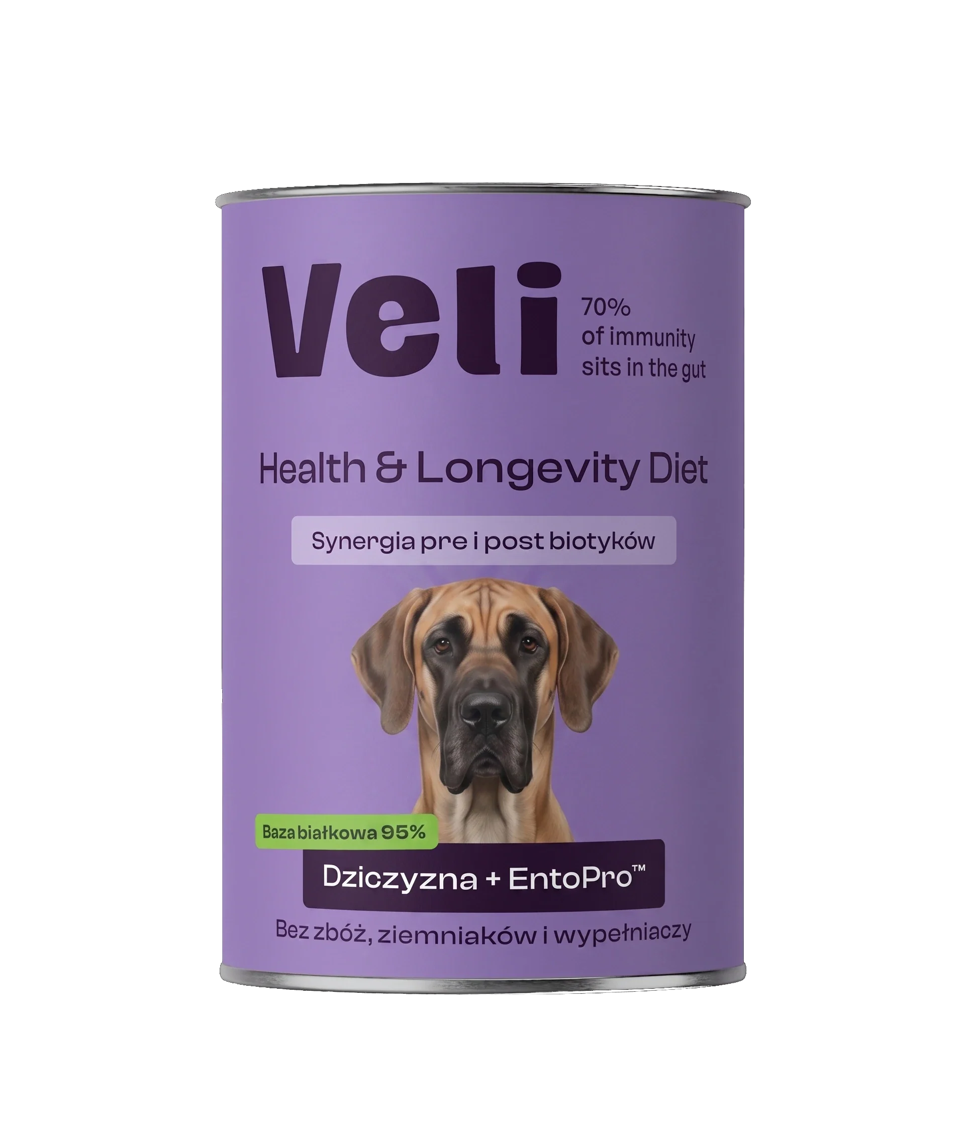 Wizualizacja puszki Veli Venison + EntoPro™ Recipe z doga niemieckiego na etykiecie