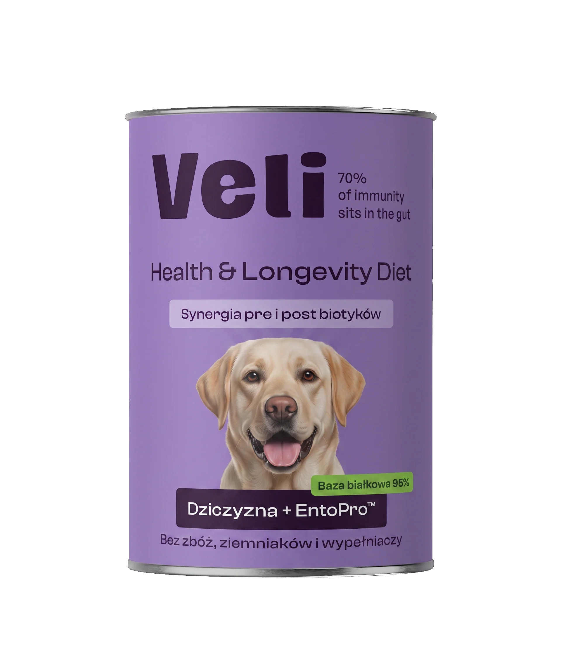 Wizualizacja puszki Veli Venison + EntoPro™ Recipe z labradora na etykiecie