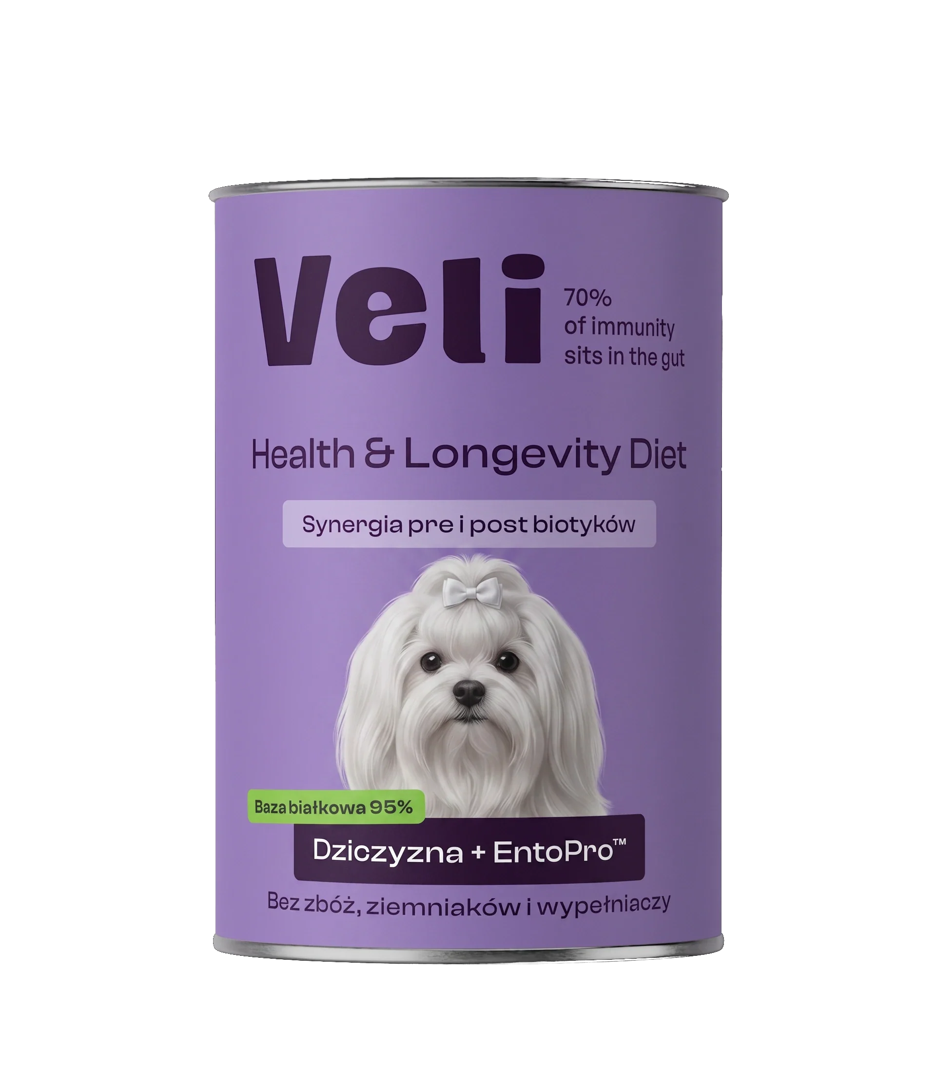 Wizualizacja puszki Veli Venison + EntoPro™ Recipe z maltańczyka na etykiecie