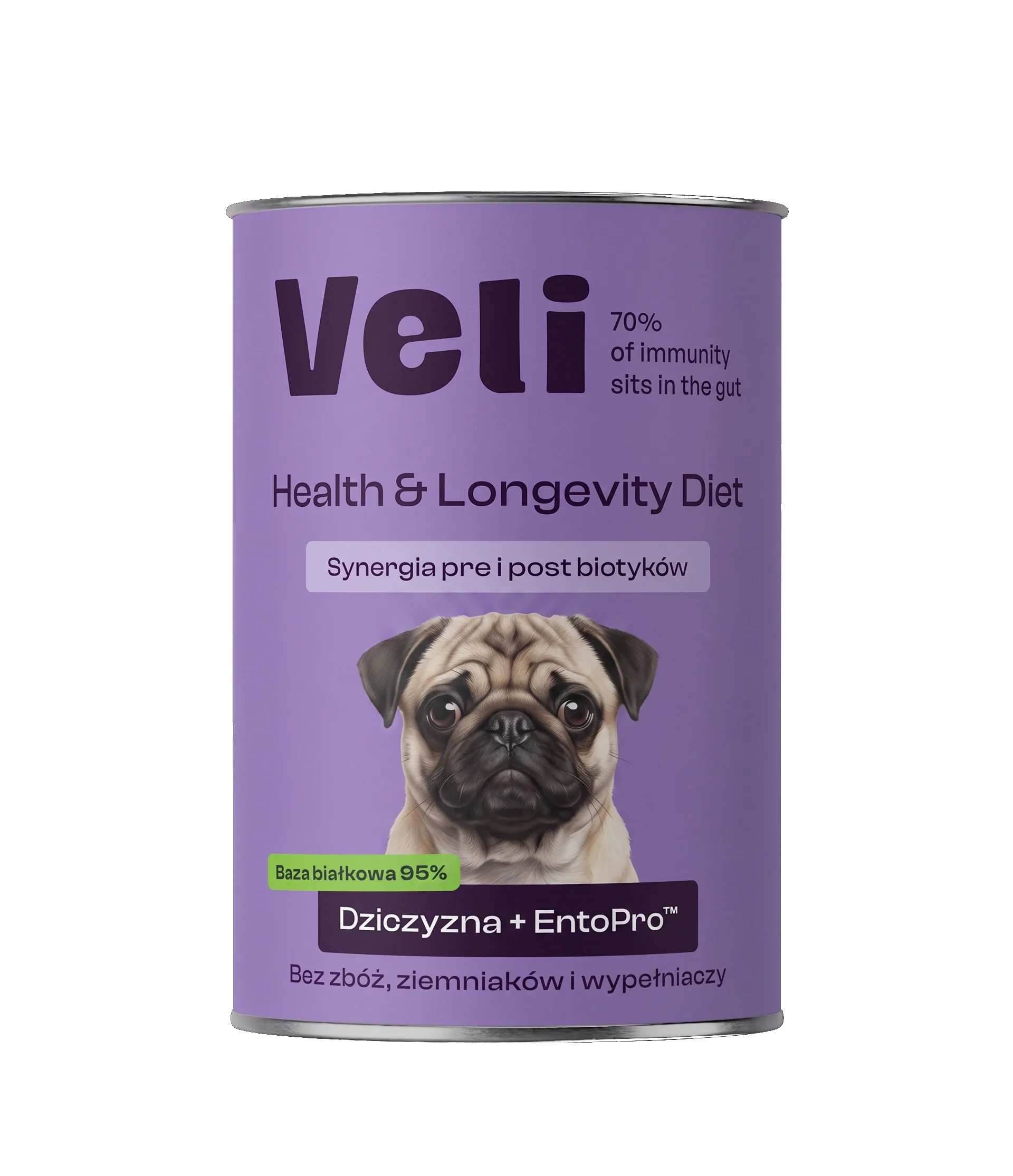 Wizualizacja puszki Veli Venison + EntoPro™ Recipe z mopsa na etykiecie