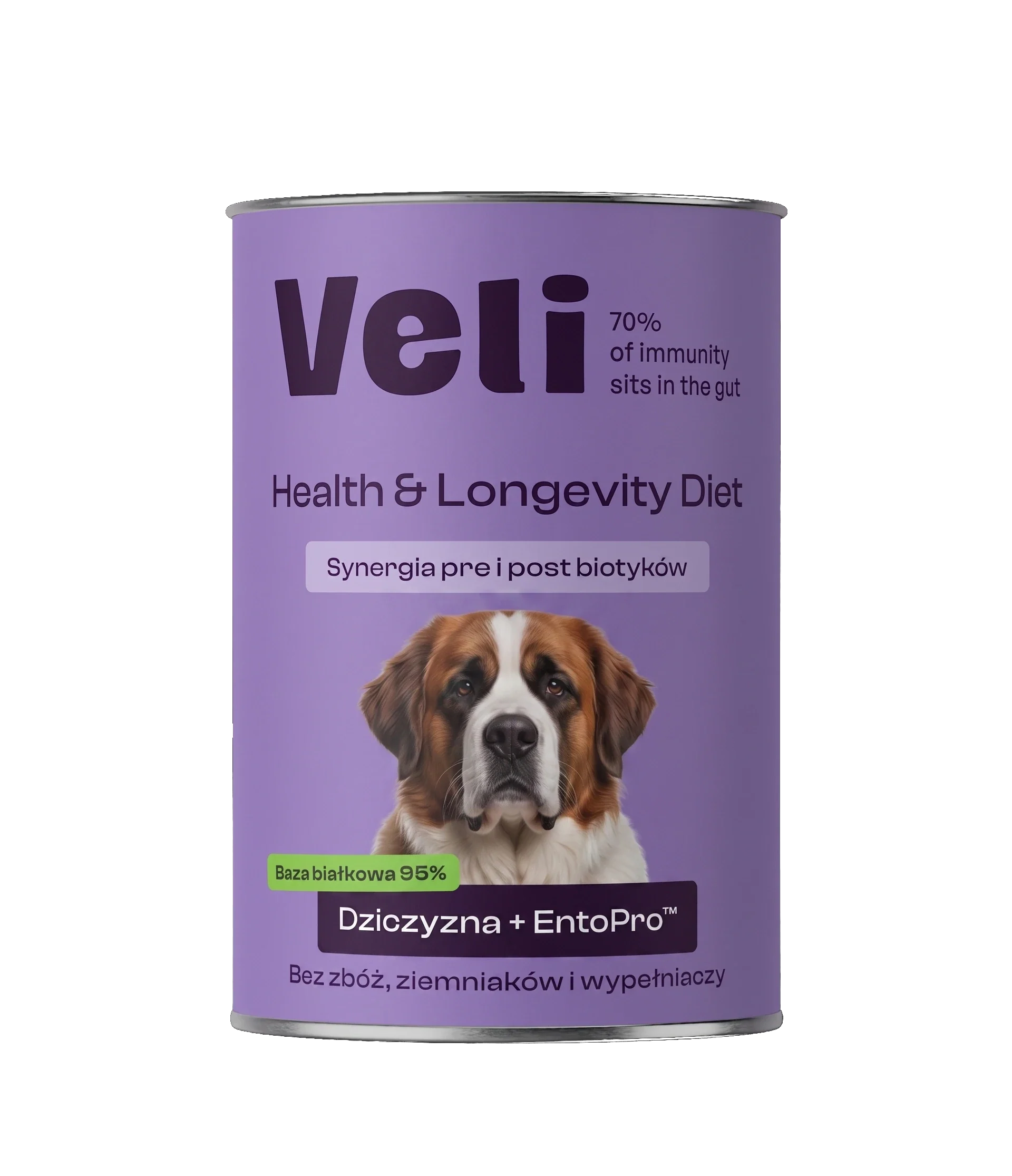 Wizualizacja puszki Veli Venison + EntoPro™ Recipe z moskiewskiego stróżującego na etykiecie