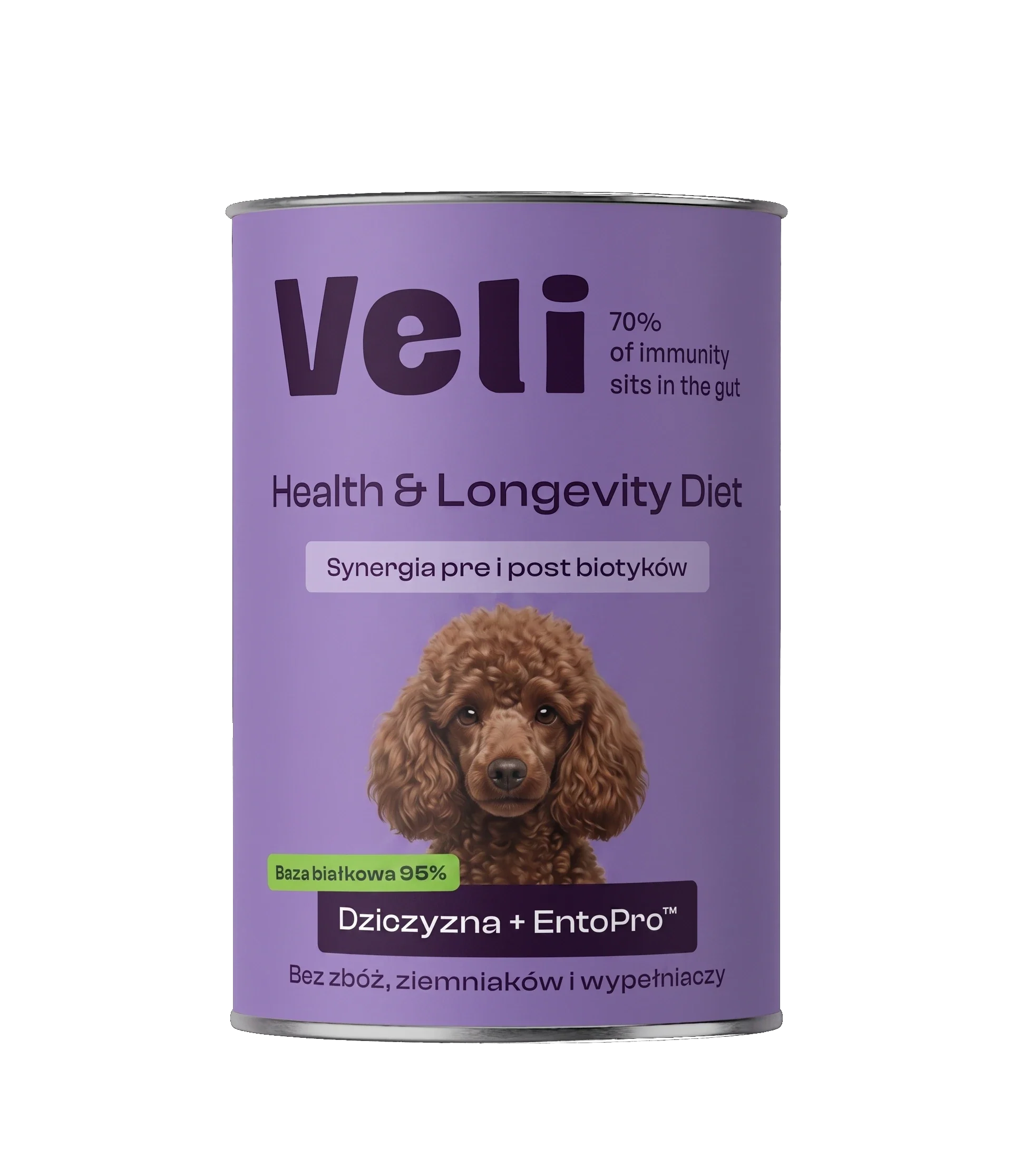 Wizualizacja puszki Veli Venison + EntoPro™ Recipe z pudla miniaturowego na etykiecie