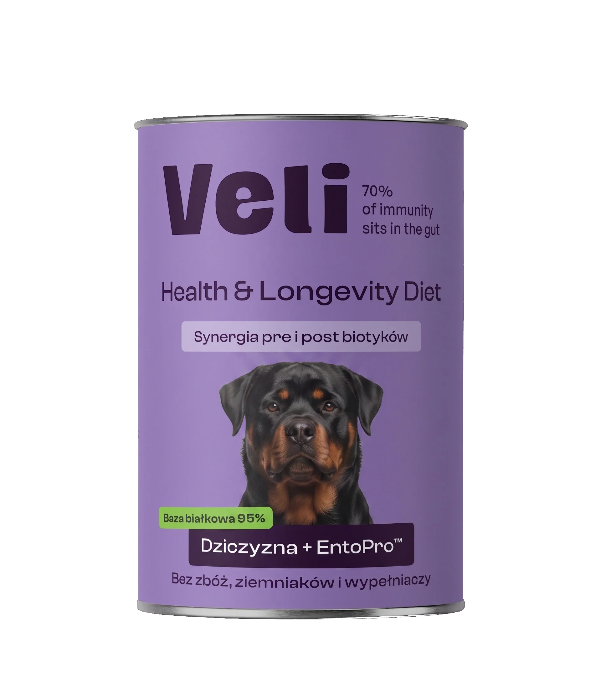 Wizualizacja puszki Veli Venison + EntoPro™ Recipe z rottweilera na etykiecie