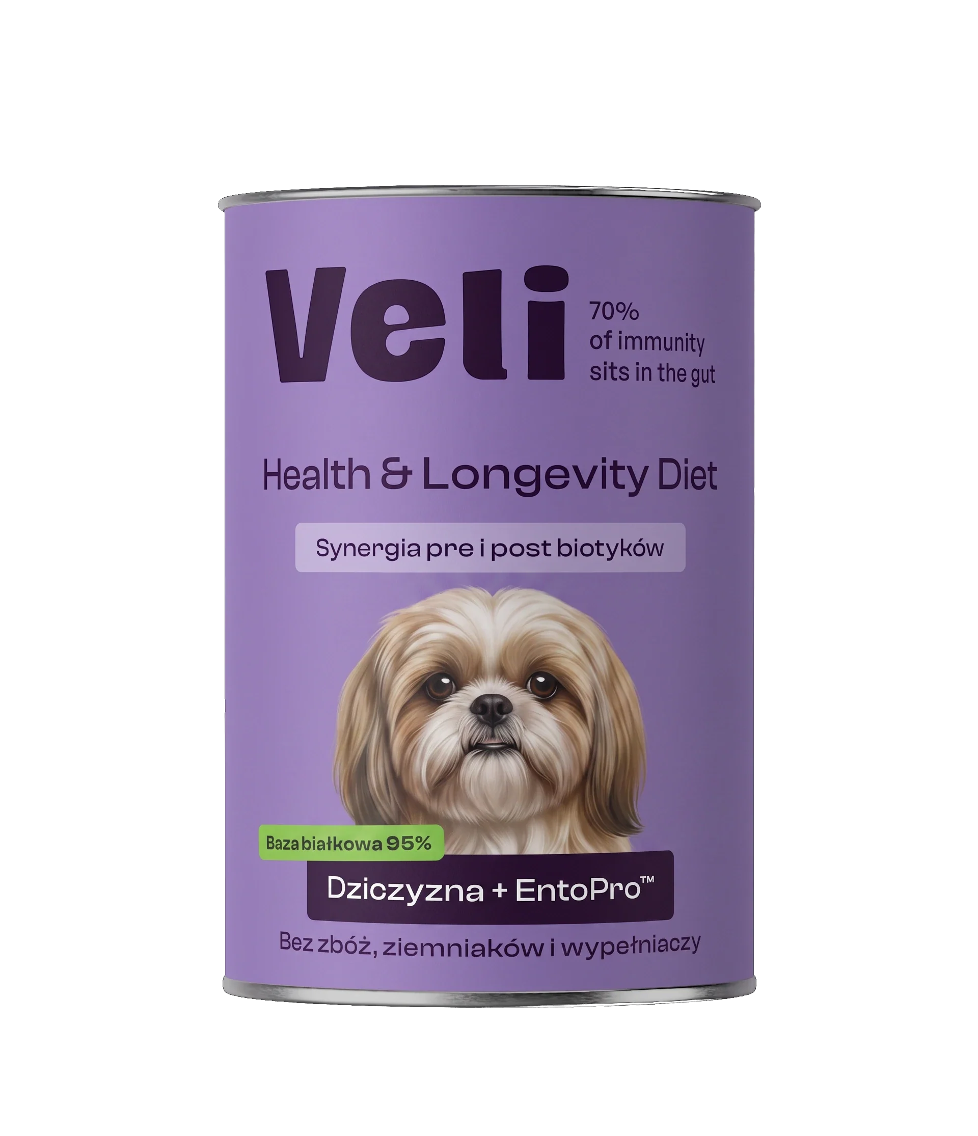 Wizualizacja puszki Veli Venison + EntoPro™ Recipe z shih tzu na etykiecie