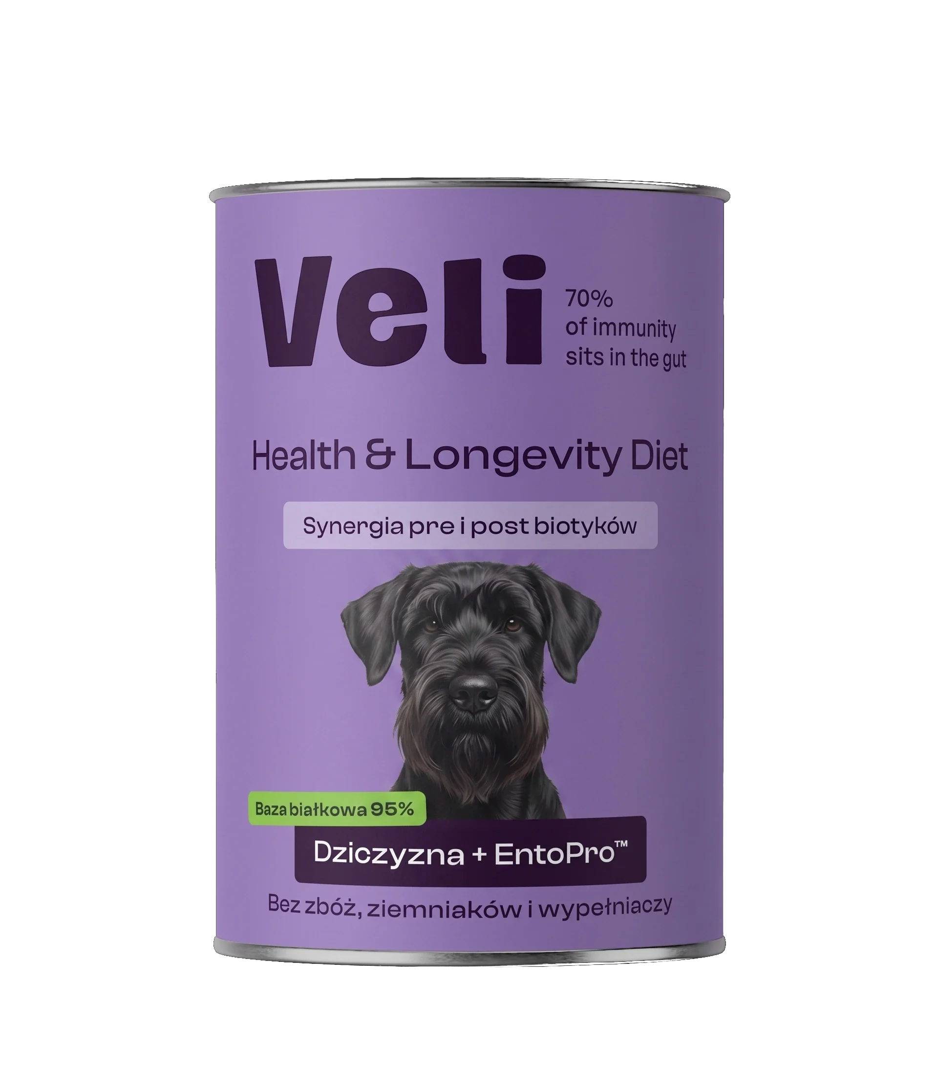 Wizualizacja puszki Veli Venison + EntoPro™ Recipe z sznaucera olbrzyma na etykiecie