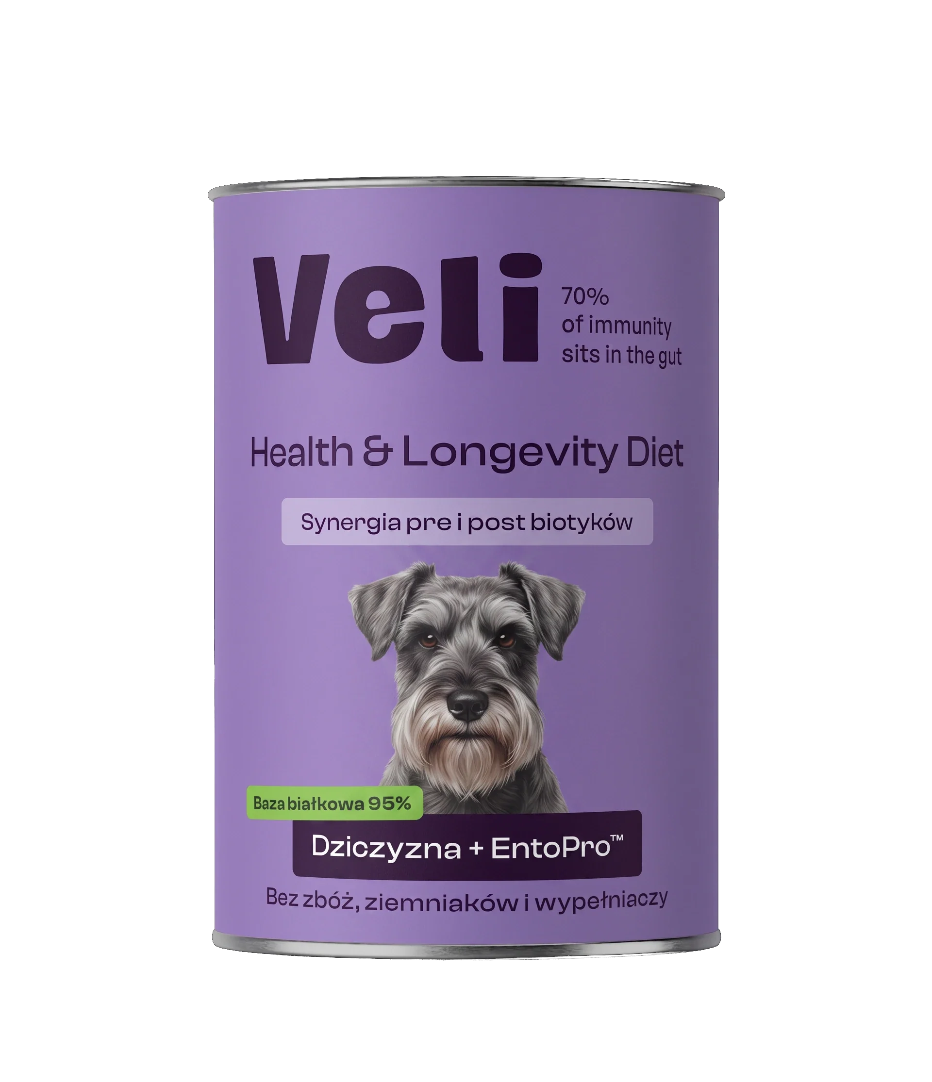Wizualizacja puszki Veli Venison + EntoPro™ Recipe z sznaucera na etykiecie