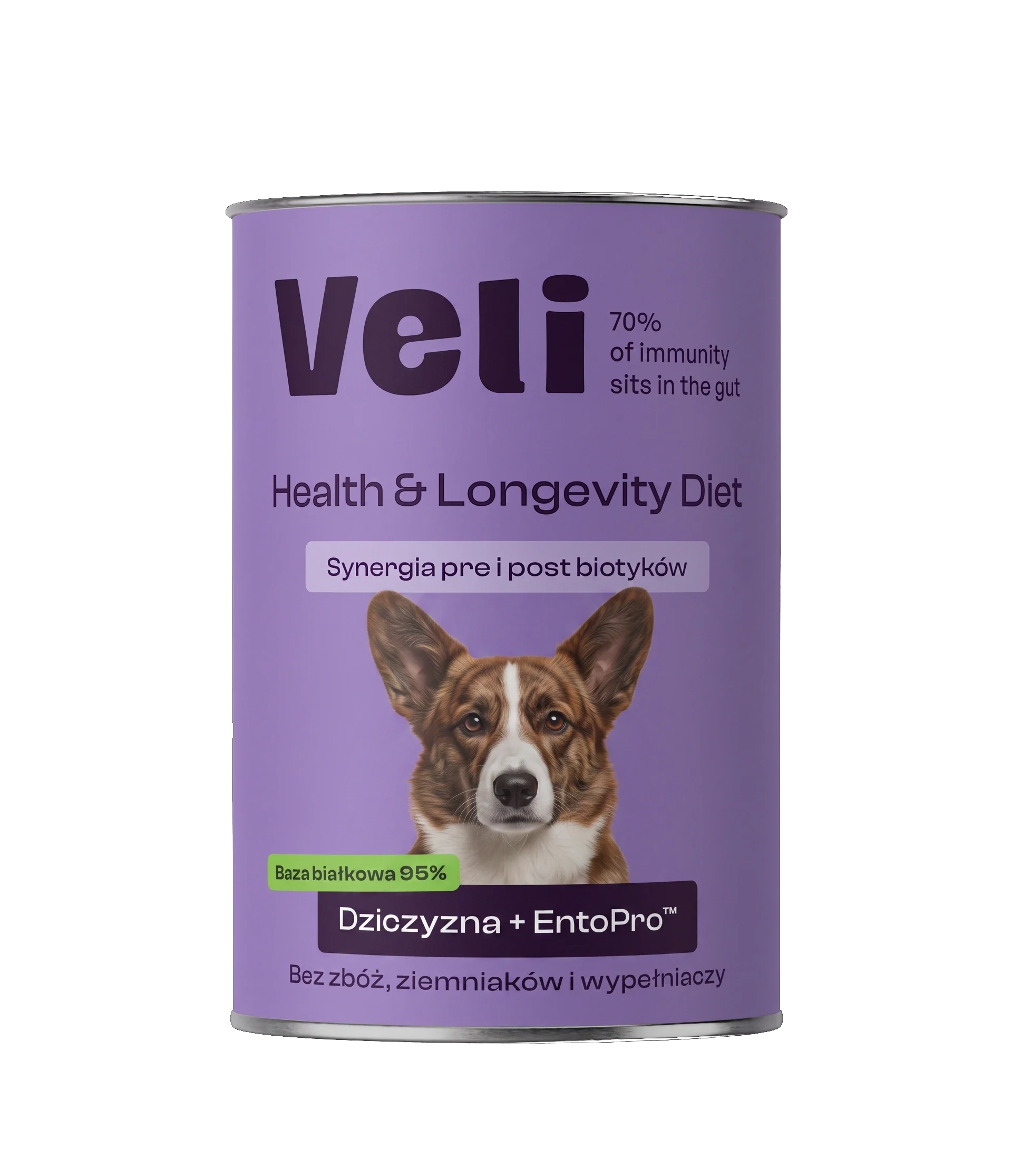 Wizualizacja puszki Veli Venison + EntoPro™ Recipe z welsh corgi cardigan na etykiecie