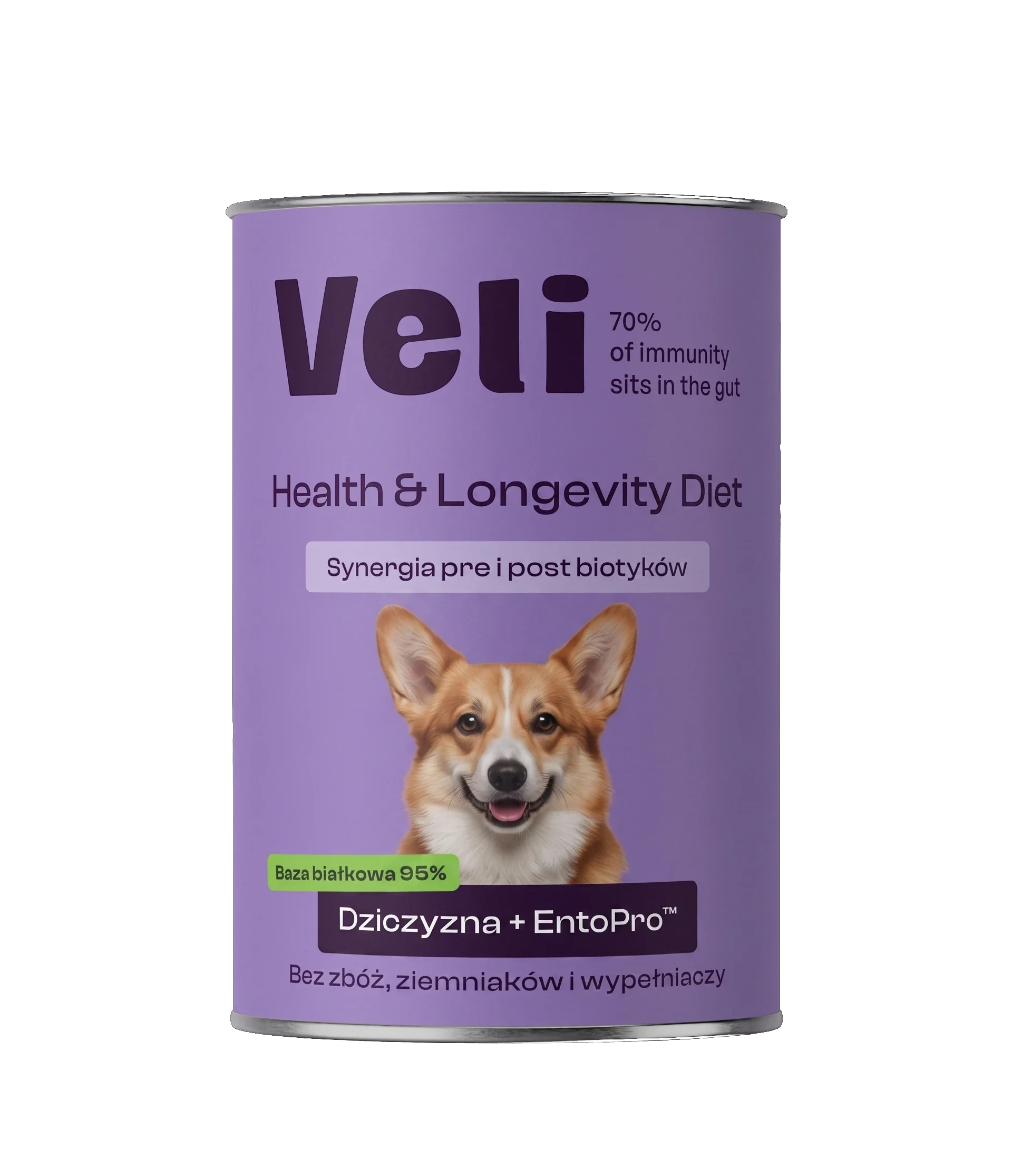 Wizualizacja puszki Veli Venison + EntoPro™ Recipe z welsh corgi pembroke na etykiecie