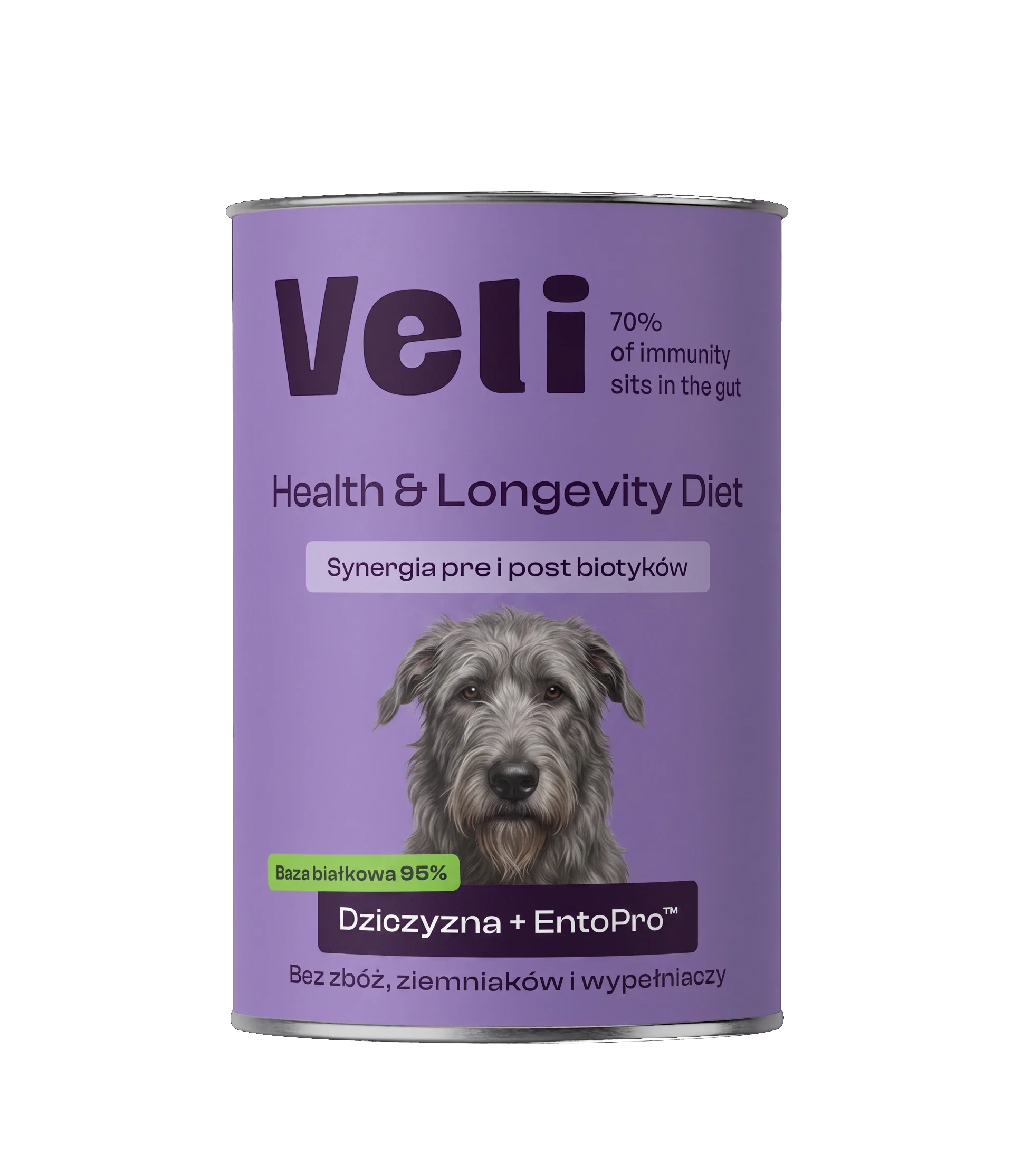 Wizualizacja puszki Veli Venison + EntoPro™ Recipe z wilczarza irlandzkiego na etykiecie