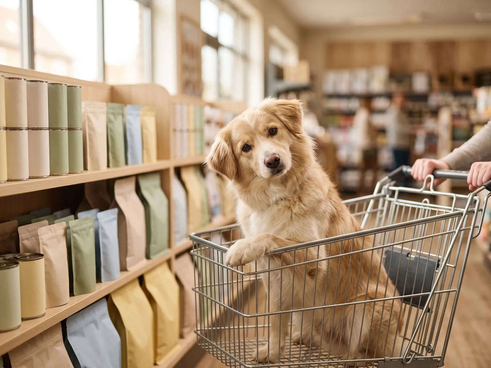 A dog sits in a shopping trolley between shelves of food and looks at the packs with its head tilted
