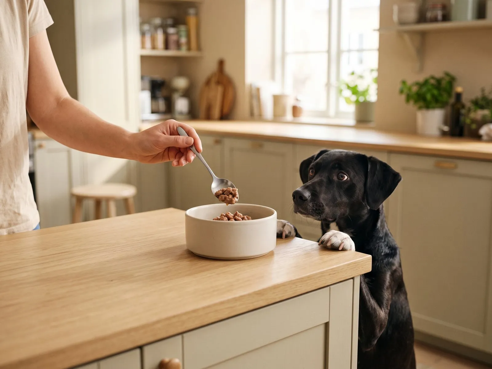 A black dog rests its paws on the kitchen counter and watches in disbelief as its owner spoons a portion of wet food into a bowl