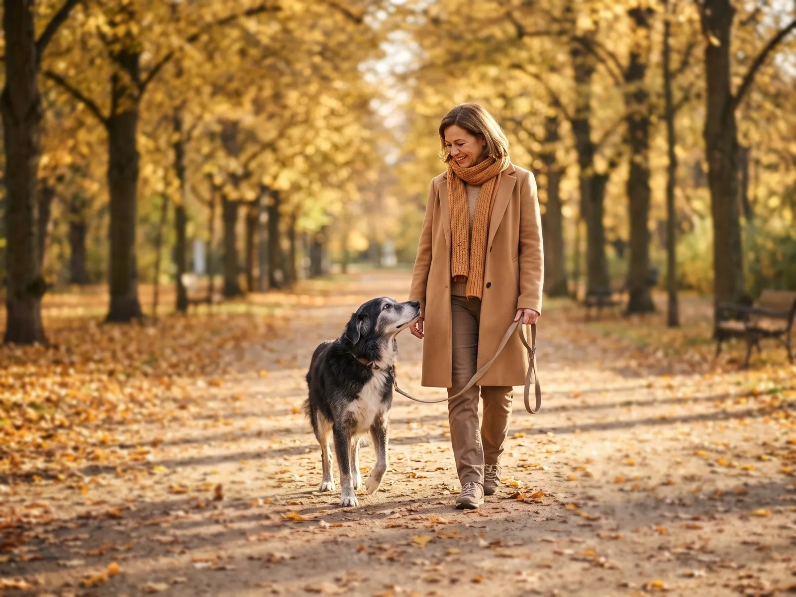 An older dog with a grey muzzle walks on a lead beside its smiling owner along an autumn park avenue and looks up at her fondly