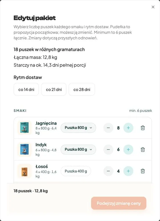 Okno Edytuj pakiet z wyborem rytmu dostaw, liczbą puszek każdego smaku i wyborem gramatury puszek