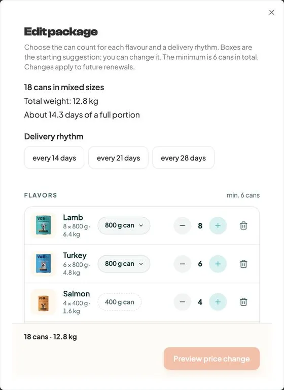The Edit package window with a choice of delivery interval, the number of cans of each flavour and a choice of can size