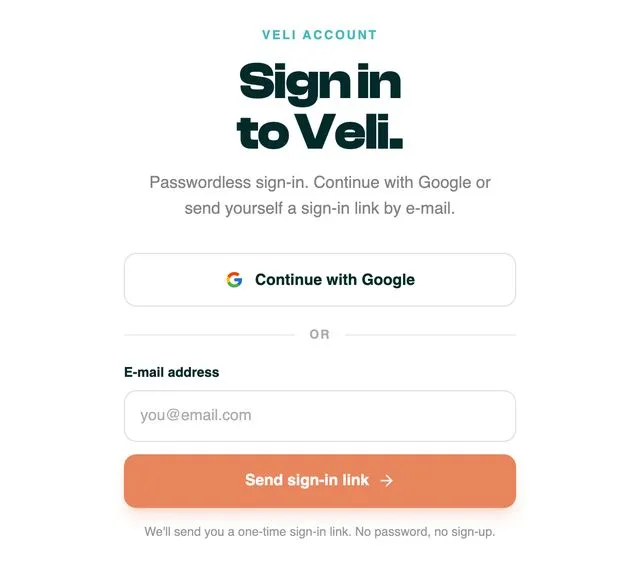The Veli sign-in screen with the Continue with Google button, an e-mail address field and the Send sign-in link button