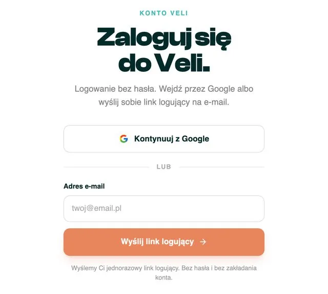Ekran logowania Veli z przyciskiem Kontynuuj z Google, polem na adres e-mail i przyciskiem Wyślij link logujący