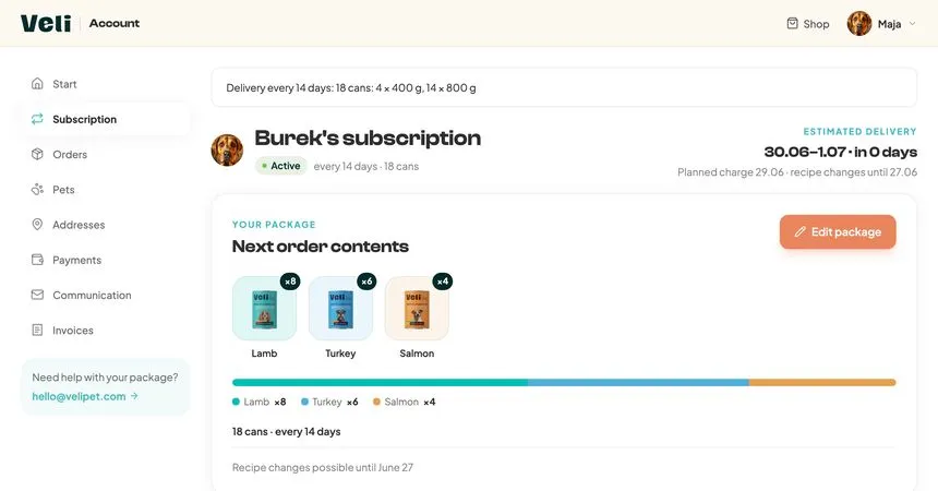The Subscription tab in the Veli account showing the contents of the next order and the Edit package button