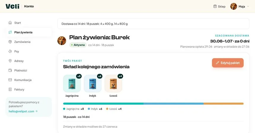 Zakładka Plan żywienia w panelu Veli ze składem kolejnego zamówienia i przyciskiem Edytuj pakiet